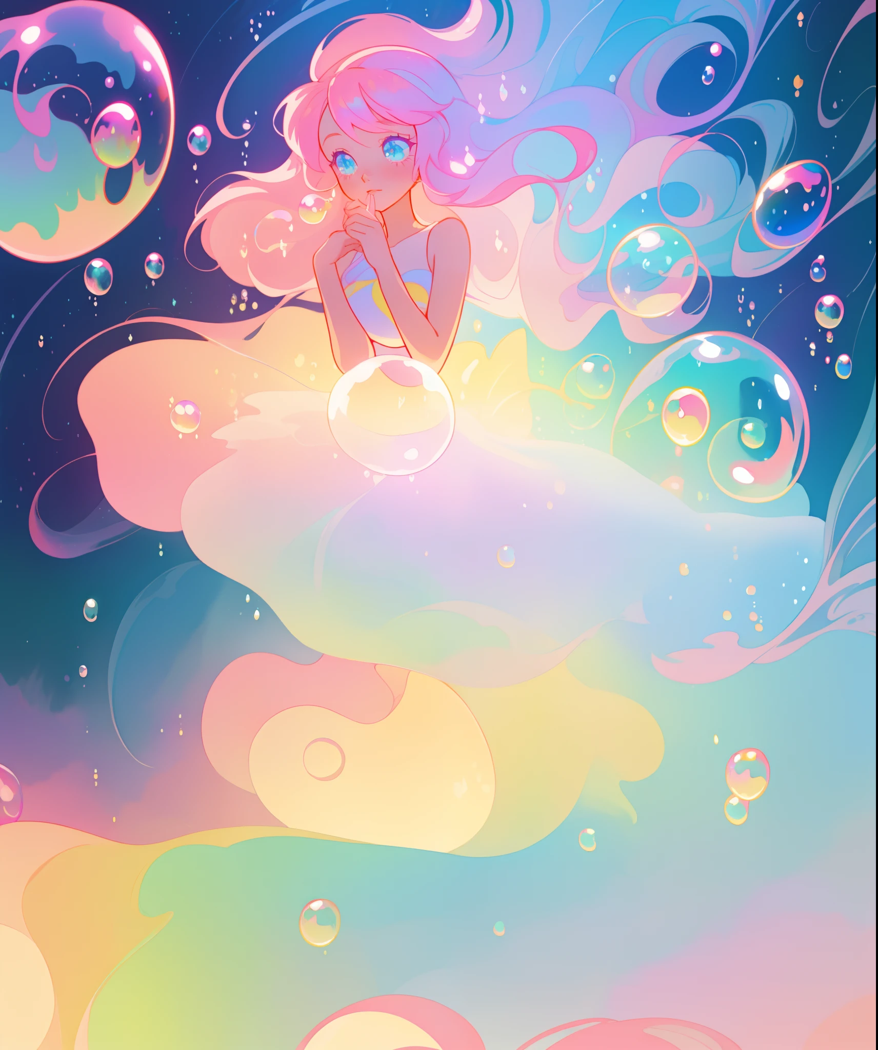 beautiful anime girl in colorful liquid dress, vibrant pastel colors, flowing long pink peach hair, beautiful white layered ballgown, (colorful), magical lights, sparkling lines of light, inspired by Glen Keane, inspired by Lois van Baarle, disney art style, by Lois van Baarle, glowing aura around her, by Glen Keane, jen bartel, glowing lights! digital painting, flowing glowing hair, glowing flowing hair, beautiful digital illustration, fantasia background, whimsical, magical, fantasy, beautiful face, ((masterpiece, best quality)), intricate details, highly detailed, sharp focus, 8k resolution, sparkling detailed eyes, liquid watercolor, (((bubbles)))