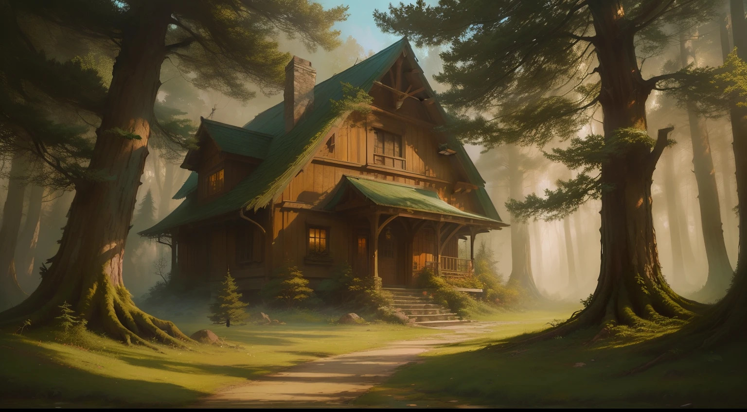 Pintura de una casa en el bosque con un camino que conduce a ella, fantasy house, Casa en el bosque, Andreas Rocha Estilo, Casa en bosque, La casa en el bosque, cottage in the forest, inspirado por Andreas Rocha, realistic fantasy illustration, peaceful wooden mansion, Detailed 2D Digital Fantasy Art, Stefan Koidl inspirado, El estilo de Andreas Rocha
