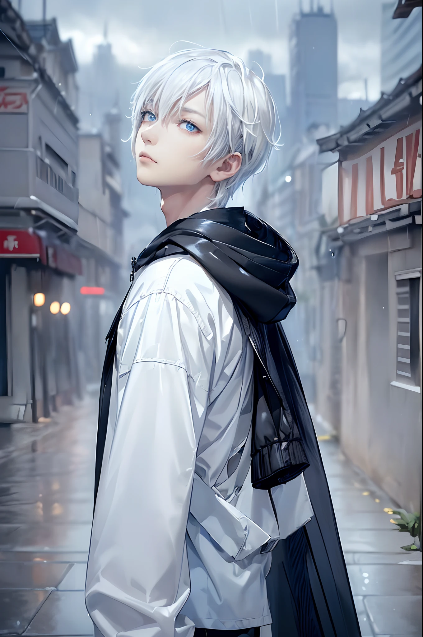 ((4K works))、​masterpiece、(top-quality)、One beautiful boy、Slim body、tall、((Black Y-shirt and white pants、Charming street style))、Please wear one jacket、Wearing a hood to hide his face、(Detailed beautiful eyes)、Morning City、((Rainy city))、Fashionable city with morning rain、During the walk、((Bright, Cloudy sky))、((Face similar to Carly Rae Jepsen))、((Short-haired white hair))、((Smaller face))、((Neutral face))、((Bright blue eyes))、((American adult male))、((Adult male 26 years old))、((Cool Men))、((Like a celebrity))、((Wild look))、((Korean Makeup))、((elongated and sharp eyes))、((Happy dating))、((boyish))、((Upper body photography))、Professional Photos、((Model photo))、((Shot alone))、((He's under the roof))、((Looking up at the sky))、((photographed from the back))、((He is looking upwards))、((His eyes are looking upwards))、((Increase the angle of the face))、((He is walking in front of the viewer))