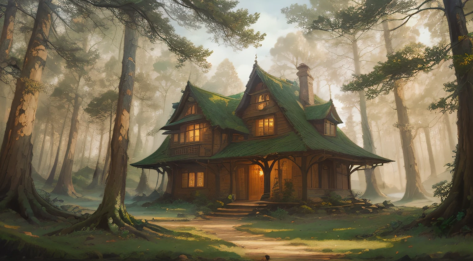 Pintura de una casa en el bosque con un camino que conduce a ella, fantasy house, Casa en el bosque, Andreas Rocha Estilo, Casa en bosque, La casa en el bosque, cottage in the forest, inspirado por Andreas Rocha, realistic fantasy illustration, peaceful wooden mansion, Detailed 2D Digital Fantasy Art, Stefan Koidl inspirado, El estilo de Andreas Rocha