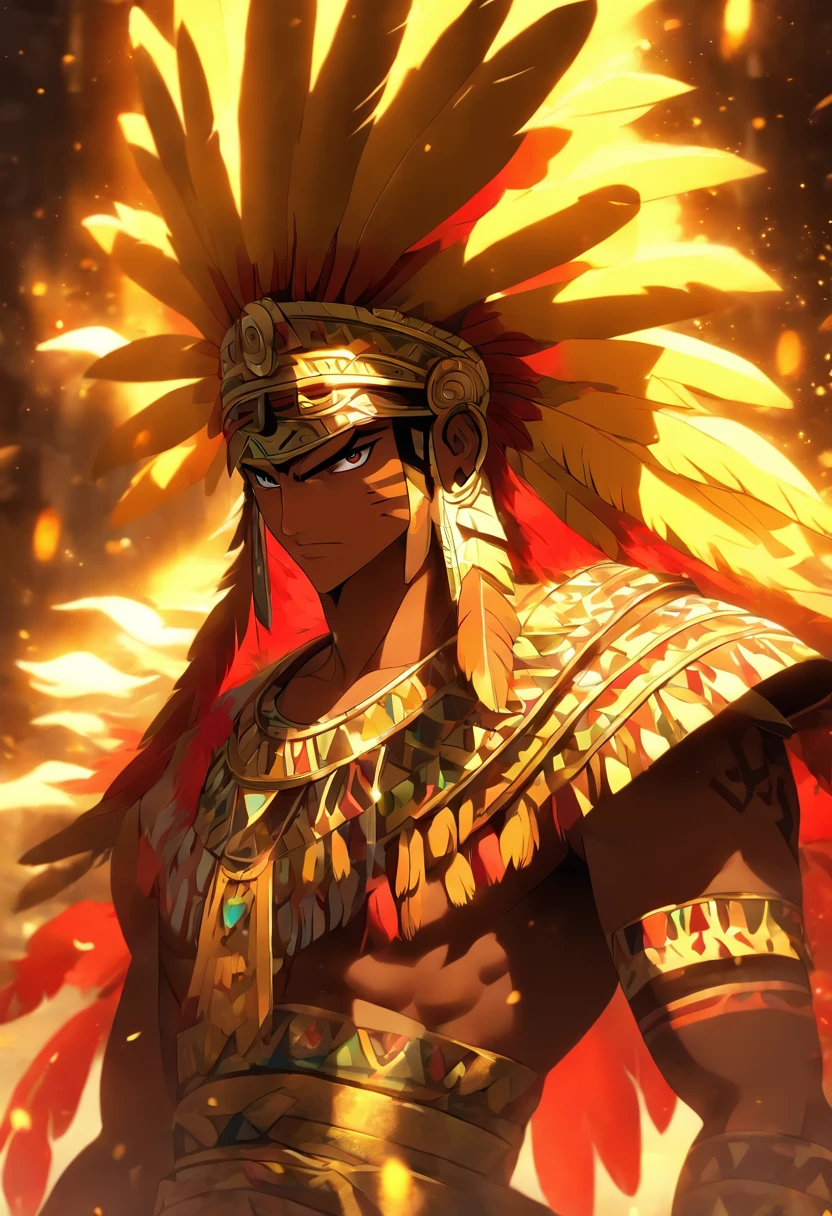 (((God)) best quality, very high resolution, 4K detailed CG, masterpiece, Aztec mythology,god of gold,Tōnatiuh,red skin,yellow feathers,Mexico, standing pose, Aztec clothing, Aztec city,( (yellow feathers), aesthetics, beautiful image, centered on screen, standing pose