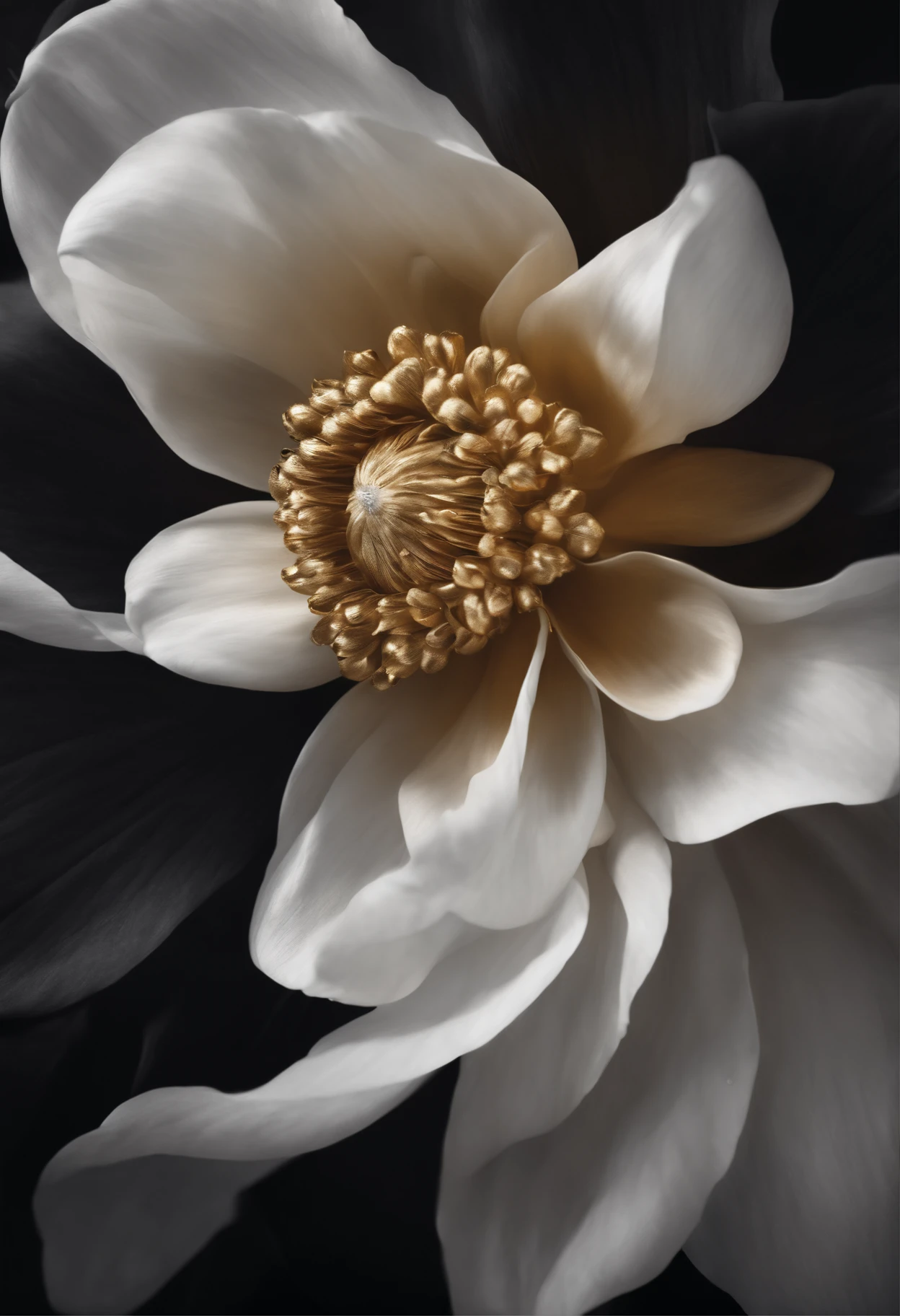 A flower with a set of gold petals in the center and layers of black and white petals behind it high quality oil painting fancy elegant