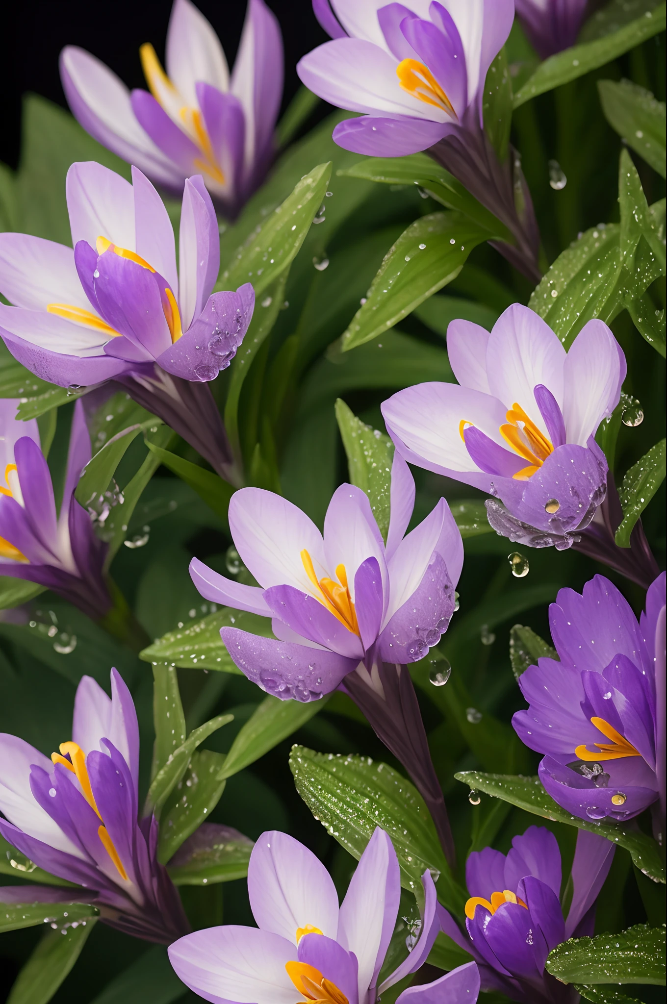 purple crocuses with dew drops, bright leaves and stems, golden ice, purple background, glow, high-detail, full detail, high resolution, glow, rendering, photorealism, 55mm, volumetric lighting, ray tracing, reflections