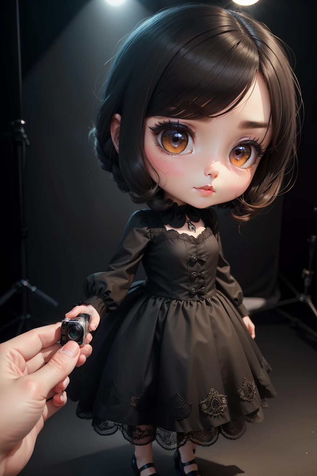 obra-prima, Woman in black clothes with camera photographing Studio Illumination, estilo cartoon, chibi, Photo Studio Background , altamente detalhado