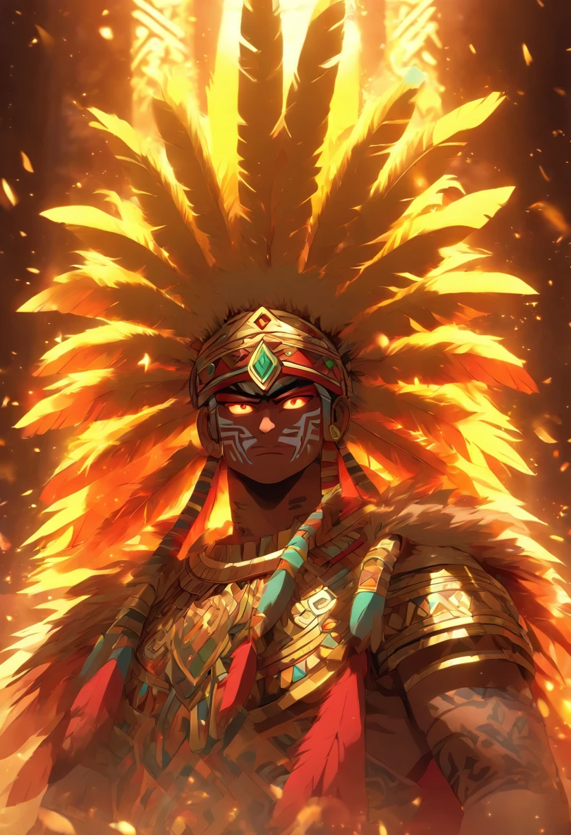 (((God)) best quality, very high resolution, 4K detailed CG, masterpiece, Aztec mythology,god of gold,Tōnatiuh,red skin,yellow feathers,Mexico, standing pose, Aztec clothing, Aztec city,( (yellow feathers), aesthetics, beautiful image, centered on screen, standing pose