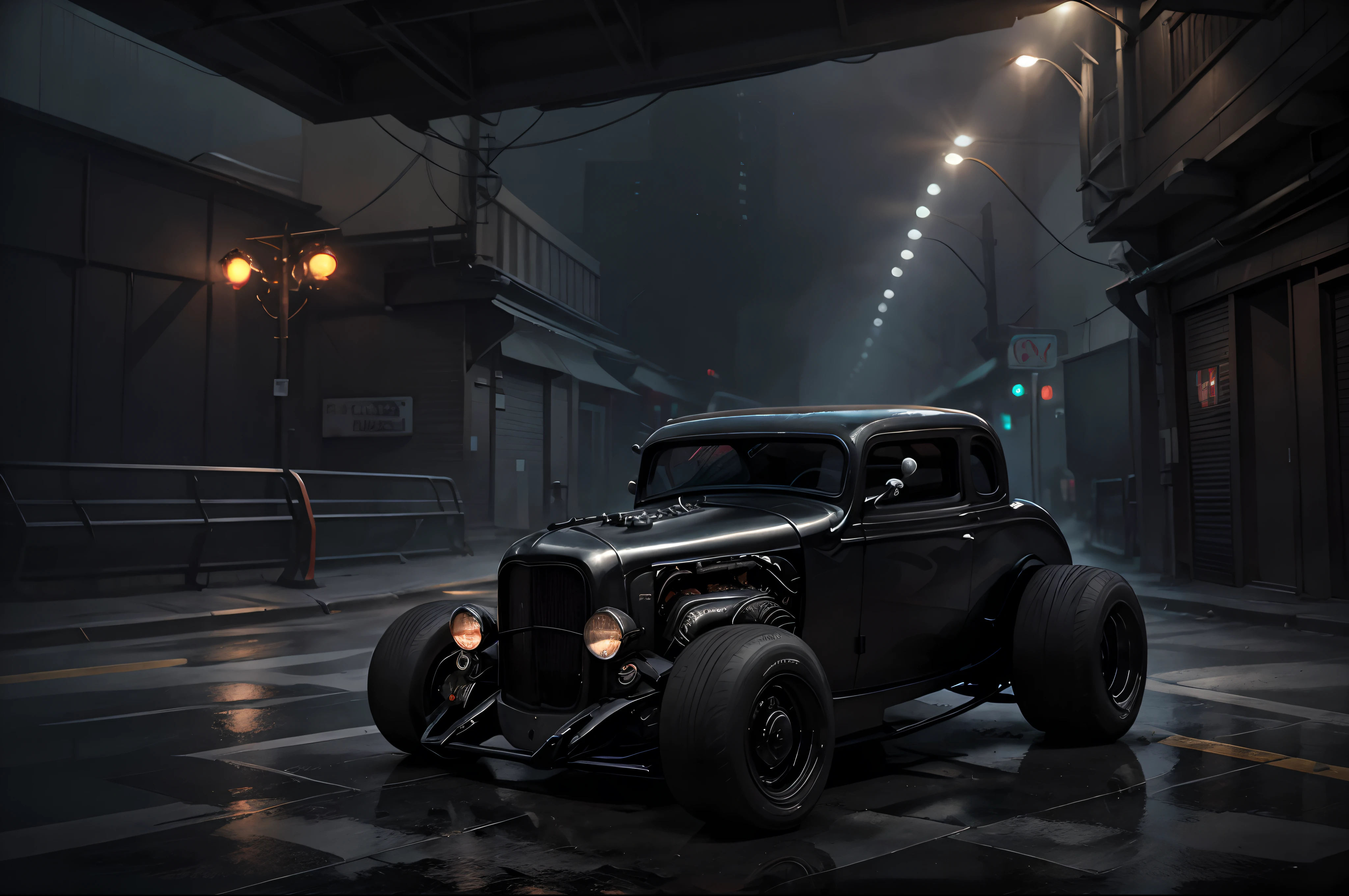 BLACK Ford 1932 Hot Rod old and grunge on rainy night and with foggy neon lights in the background