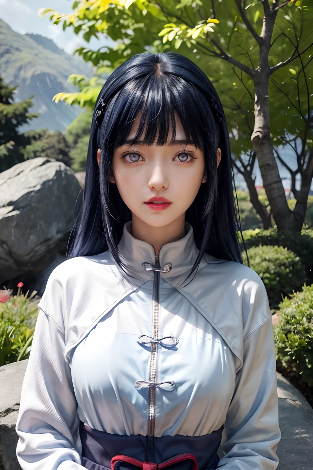 a close up of a person with long hair and a hoodie, hinata hyuga, hinata hyuga from naruto, from naruto, as an anime character, perfect anime face, she has dark blue hair with bangs, female anime character, anime character, anime best girl, hime cut hairstyle, dark blue hair, (red glossy lips:1.3), light purple eyes