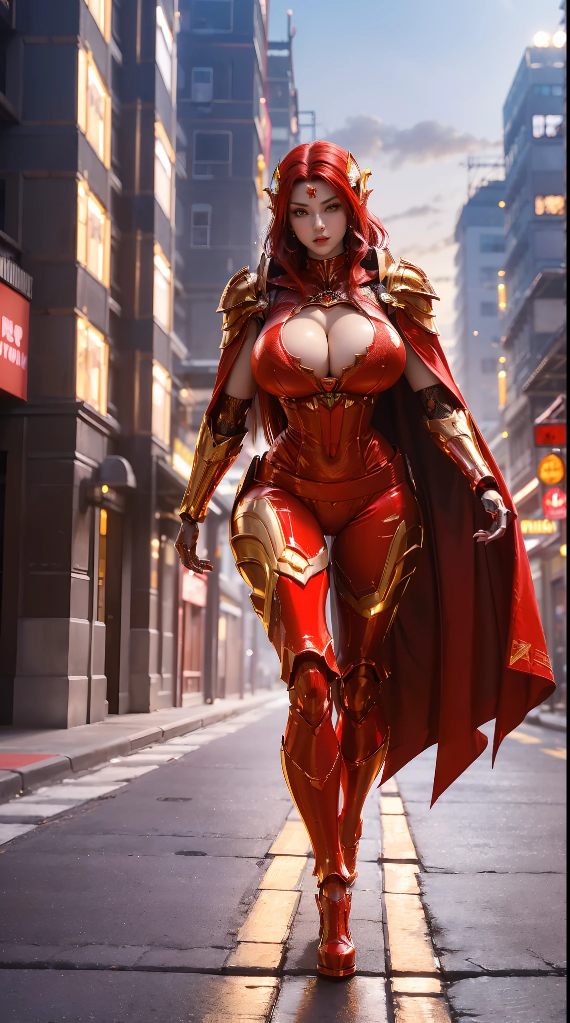 1GIRL, SOLO, (ssmile, makeup, beautifull eyes, red libs, gold ornament hair), (HUGE FAKE BOOBS:1.3), (GUARD ARM), (RED, IN FUTURISTIC DRAGON ARMOR, GIRL IN MECHA CYBER ARMOR, ROYAL CAPE, CLEAVAGE, SKINTIGHT YOGA PANTS, HIGH HEELS:1.5), (SLENDER BODY, SEXY LONG LEGS, FULL BODY:1.3), (LOOKING AT VIEWER:1), (WALKING DOWN ON STREET NIGHT CITY:1.3), PHYSICALLY-BASED RENDERING, ULTRA HIGHT DEFINITION, 8K, 1080P.