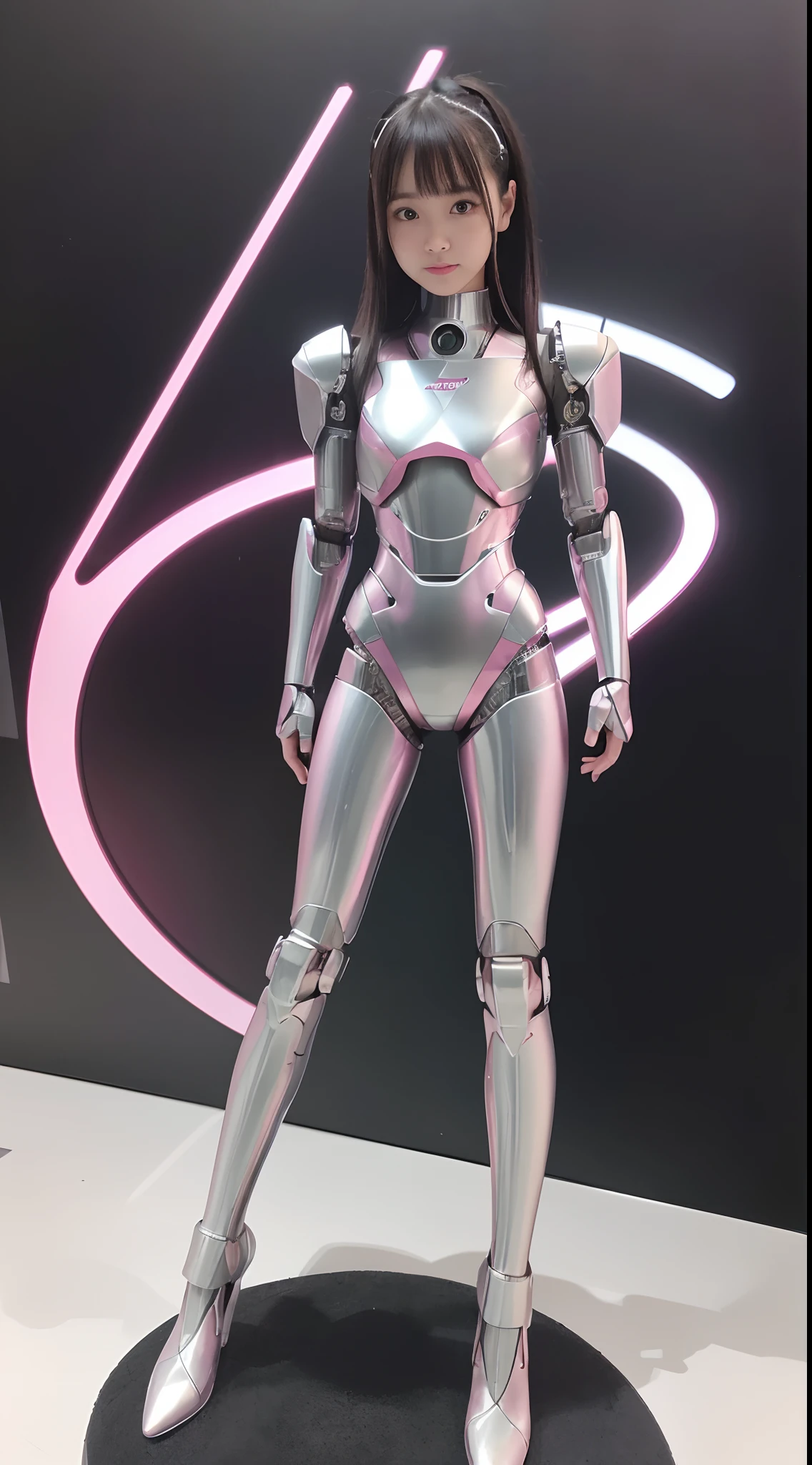 (Photorealistic: 1.4), 1 girl, (Best Quality), (Ultra-detailed face), (ultra-well-formed face), ((Robot Parts)), (Cyborg girl), (pink there), (Silver), (metalic), (Full body), (Moe Pose), (Slender body), (Model body type), (mecha exposure), (akihabara), (looking in camera), (Black hair), (Well-proportioned girl), (a small face), (well-groomed fingers) , (Idol), (front facing), (Standing with legs open), (Photo session), (sad)