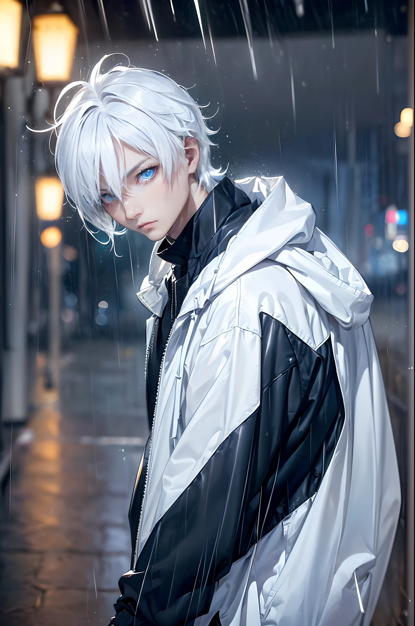 ((4K works))、​masterpiece、(top-quality)、One beautiful boy、Slim body、tall、((Black Y-shirt and white pants、Charming street style))、Please wear one jacket、Wearing a hood to hide his face、(Detailed beautiful eyes)、Morning City、((Rainy city))、Fashionable city with morning rain、During the walk、((Bright, Cloudy sky))、((Face similar to Carly Rae Jepsen))、((Short-haired white hair))、((Smaller face))、((Neutral face))、((Bright blue eyes))、((American adult male))、((Adult male 26 years old))、((Cool Men))、((Like a celebrity))、((Glaring at him with a wild expression))、((Korean Makeup))、((elongated and sharp eyes))、((Happy dating))、((boyish))、((Upper body photography))、Professional Photos、((Model photo))、((Shot alone))、((He's under the roof))、((Looking up at the sky))、((photographed from the back))、((He is looking upwards))、((His eyes are looking upwards))、((Increase the angle of the face))、((He is walking in front of the viewer))