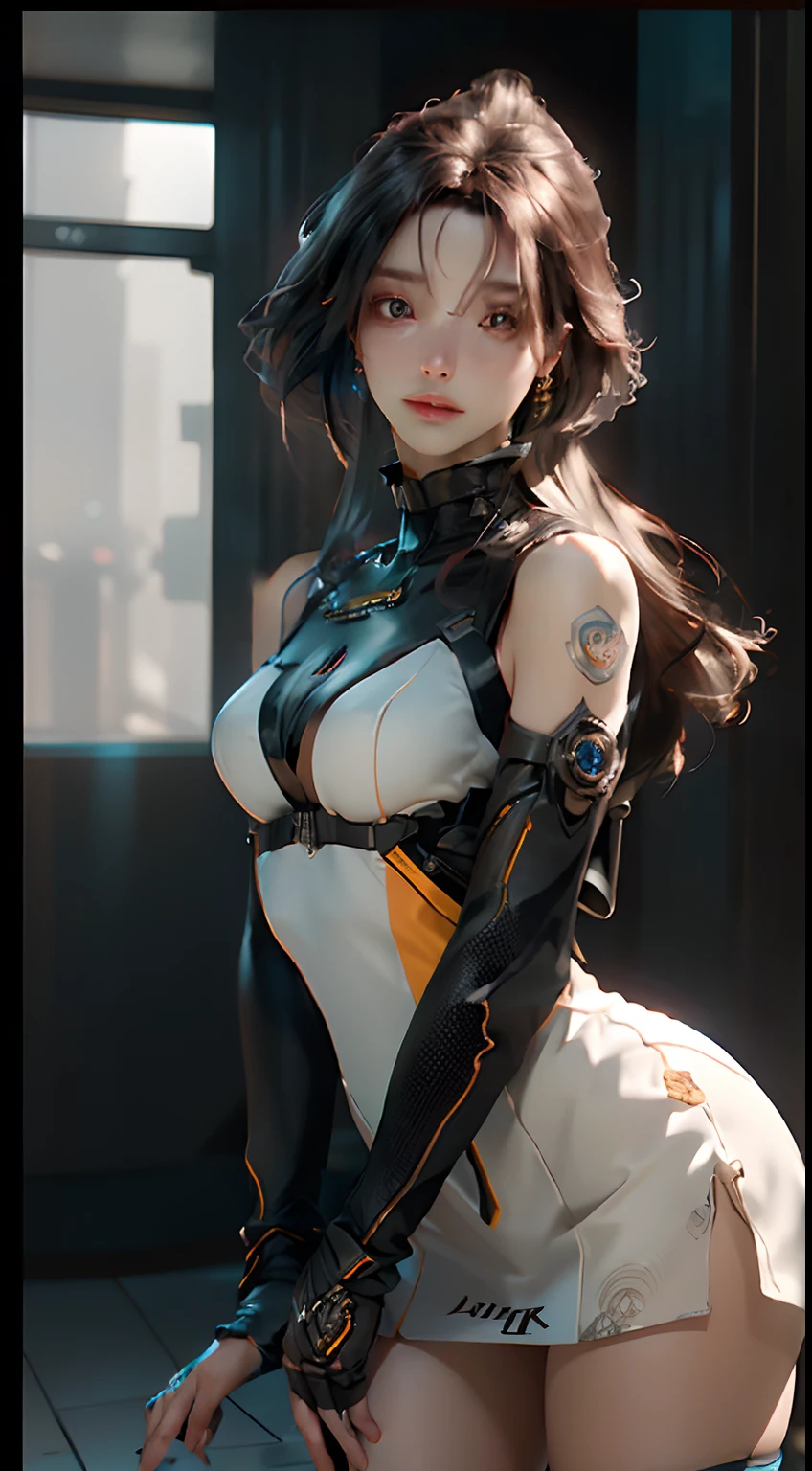 head and full body and full legs, Extremely cute human eighteen year old girl face, human torso, human huge boobs, human abdomen, human hips, human arms, mechanical legs, arms and legs with hard white shiny shell and black joints, very beautiful and feminine, short, petite, small, small, busty buttocks, medium bust, cleavage display, flat belly display, partial helmet with antenna on the ear, black robot joints, very stylish, award-winning product design, black rubber tights, The shiny white metal breastplate opens at the cleavage and abdomen, the white metal buttocks are wrinkled, and the armor has stylish, glowing trims