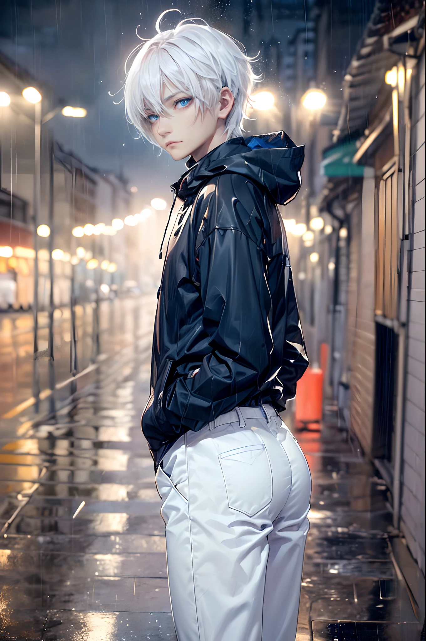 ((4K works))、masterpiece、(top-quality)、One beautiful boy、Slim body、tall、((Black Y-shirt and white pants、Charming street style))、Please wear one jacket、Wearing a hood to hide his face、(Detailed beautiful eyes)、Morning City、((Rainy city))、Fashionable city with morning rain、During the walk、((Bright, Cloudy sky))、((Face similar to Carly Rae Jepsen))、((Short-haired white hair))、((Smaller face))、((Neutral face))、((Bright blue eyes))、((American adult male))、((Adult male 26 years old))、((Cool Men))、((Like a celebrity))、((Glaring at him with a wild expression))、((Korean Makeup))、((elongated and sharp eyes))、((Happy dating))、((boyish))、((Upper body photography))、Professional Photos、((Model photo))、((Shot alone))、((He's under the roof))、((Looking up at the sky))、((photographed from the back))、((He is looking upwards))、((His eyes are looking upwards))、((Increase the angle of the face))、((He is walking in front of the viewer))