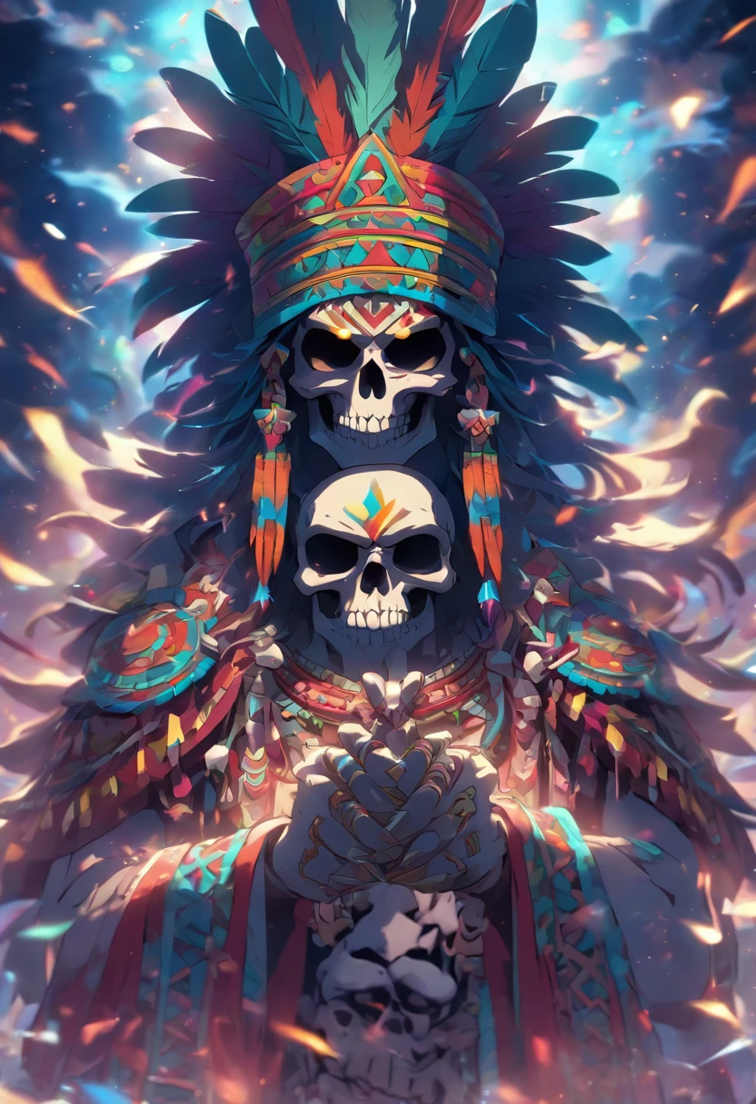 (((Skull God))) best quality, very high resolution, 4K detailed CG, masterpiece, Aztec mythology, god of the dead, Mictlantecuhtli, colorful feathers, Mexico, standing pose, Aztec clothing, Aztec city, (( lord of the underworld)) , aesthetic, beautiful image, centered on the screen, standing pose