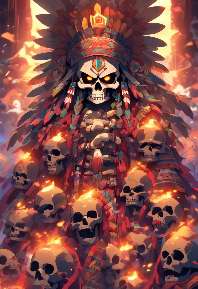 (((Skull God))) best quality, very high resolution, 4K detailed CG, masterpiece, Aztec mythology, god of the dead, Mictlantecuhtli, colorful feathers, Mexico, standing pose, Aztec clothing, Aztec city, (( lord of the underworld)) , aesthetic, beautiful image, centered on the screen, standing pose