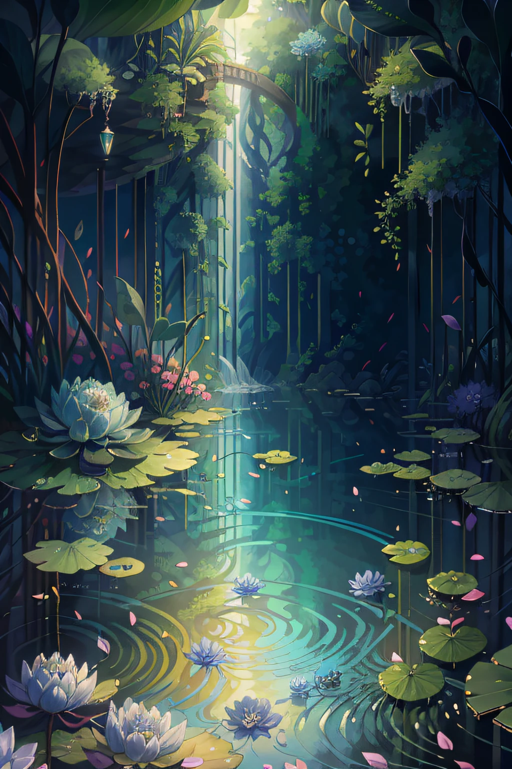 Original，（illustratio：1.1），（best qualtiy），（tmasterpiece：1.1），（the Extremely Detailed CG Unity 8K Wallpapers），（a color：1.2），water lilies，Water lily petals，scenecy，rios|Wagas，