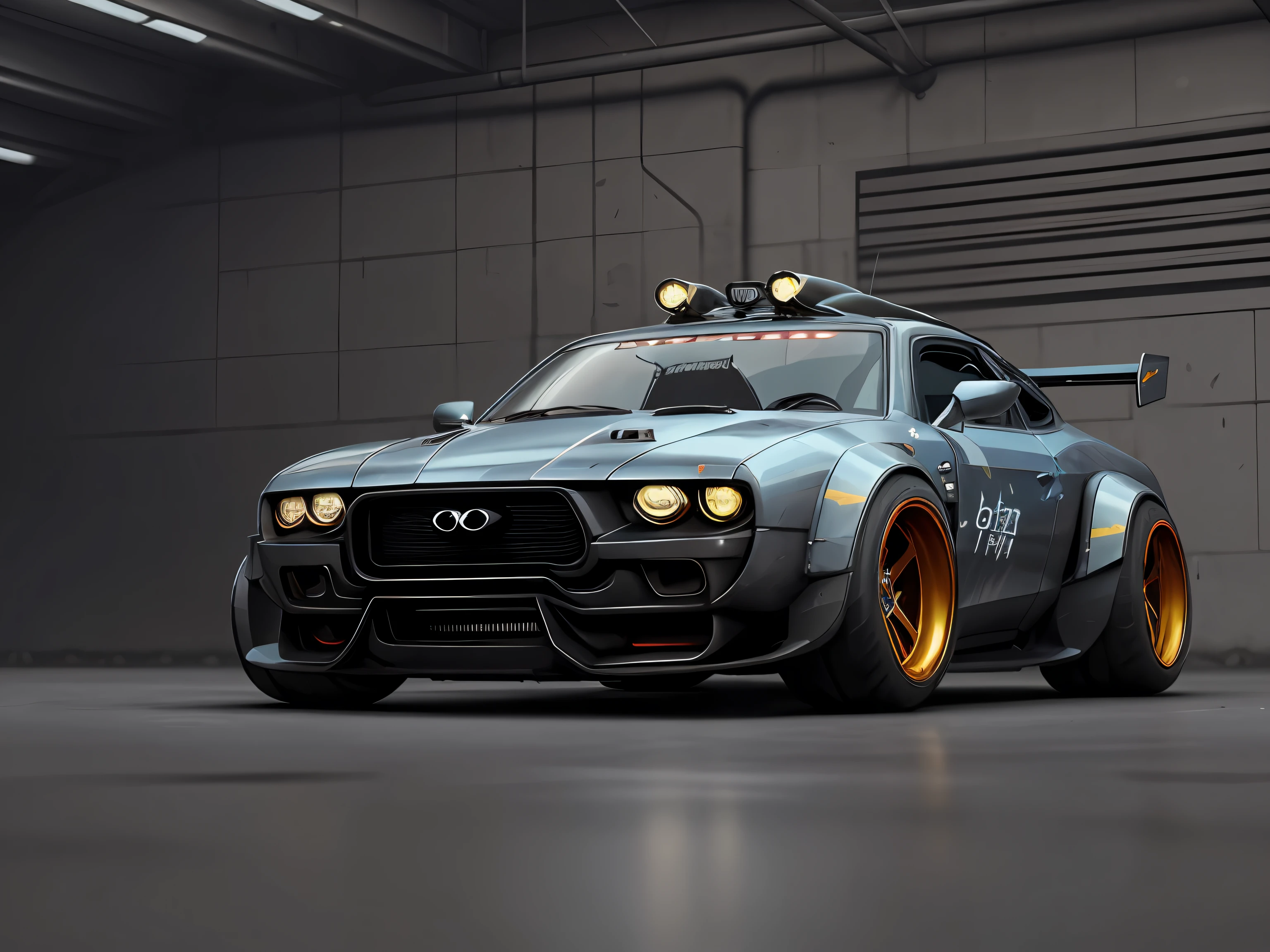 a 3/4 front view of ((futuristic cyberpunk hotrod zeekars)) (with glowing tires), at the parking lot,
