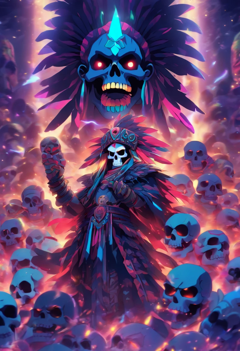 (((Skull God))) best quality, very high resolution, 4K detailed CG, masterpiece, Aztec mythology, god of the dead, Mictlantecuhtli, colorful feathers, Mexico, standing pose, Aztec clothing, Aztec city, (( lord of the underworld)) , aesthetic, beautiful image, centered on the screen, standing pose