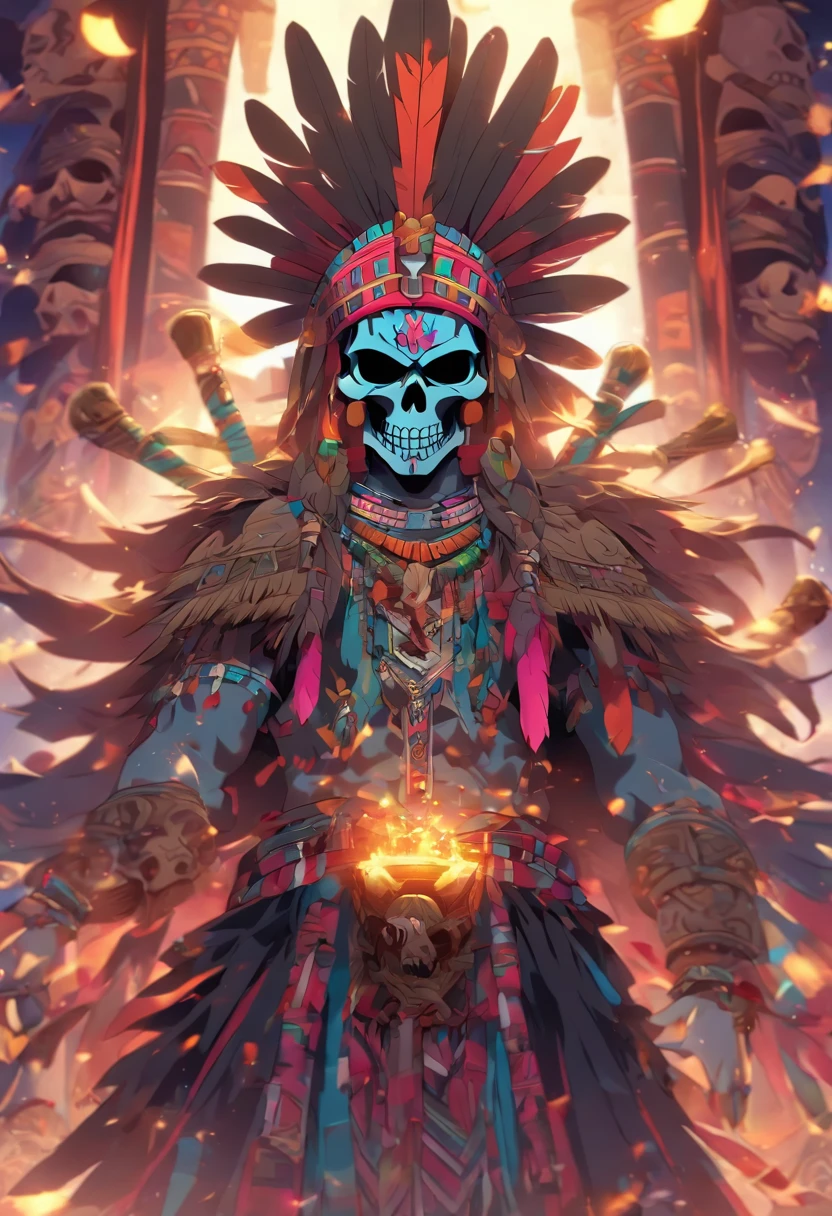 (((Skull God))) best quality, very high resolution, 4K detailed CG, masterpiece, Aztec mythology, god of the dead, Mictlantecuhtli, colorful feathers, Mexico, standing pose, Aztec clothing, Aztec city, (( lord of the underworld)) , aesthetic, beautiful image, centered on the screen, standing pose