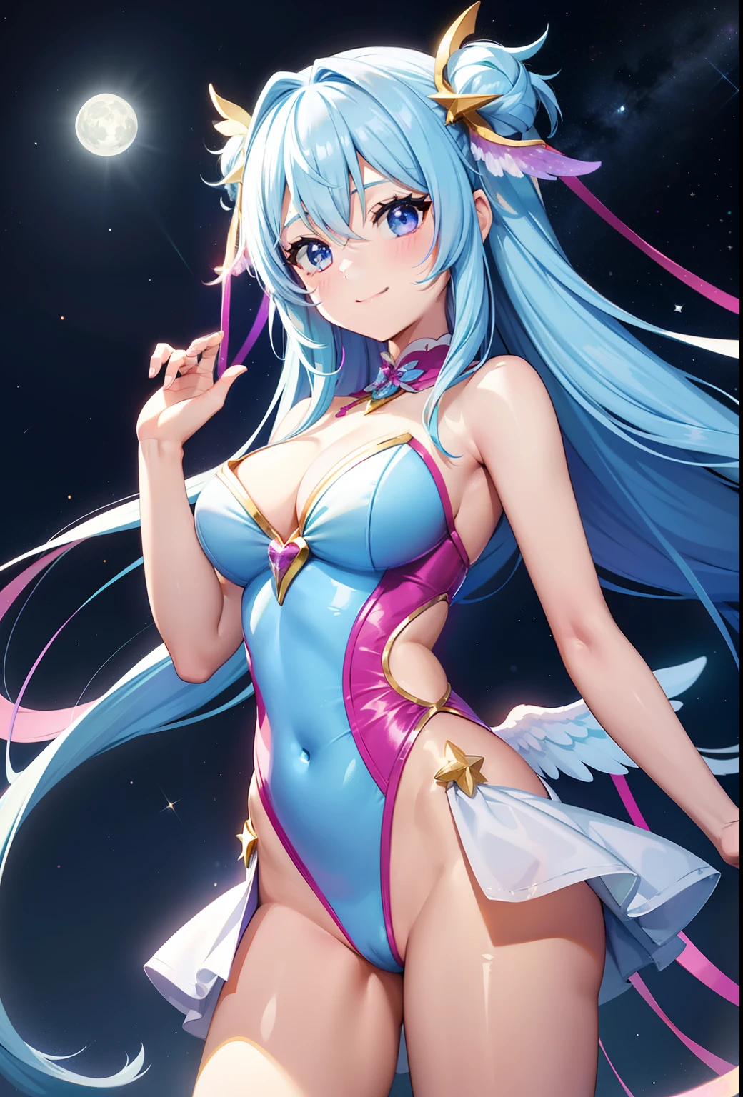 Super Idol a beauty girl A charming smile sky blue hair length hair Twin-tailed Glittery bright pink and white and blue and yellow leotards facing front Angel large wings on the back 7 colors Mystical Fantasia constellation a moon Crystal Brilliance Aurora Borealis in the Night Sky