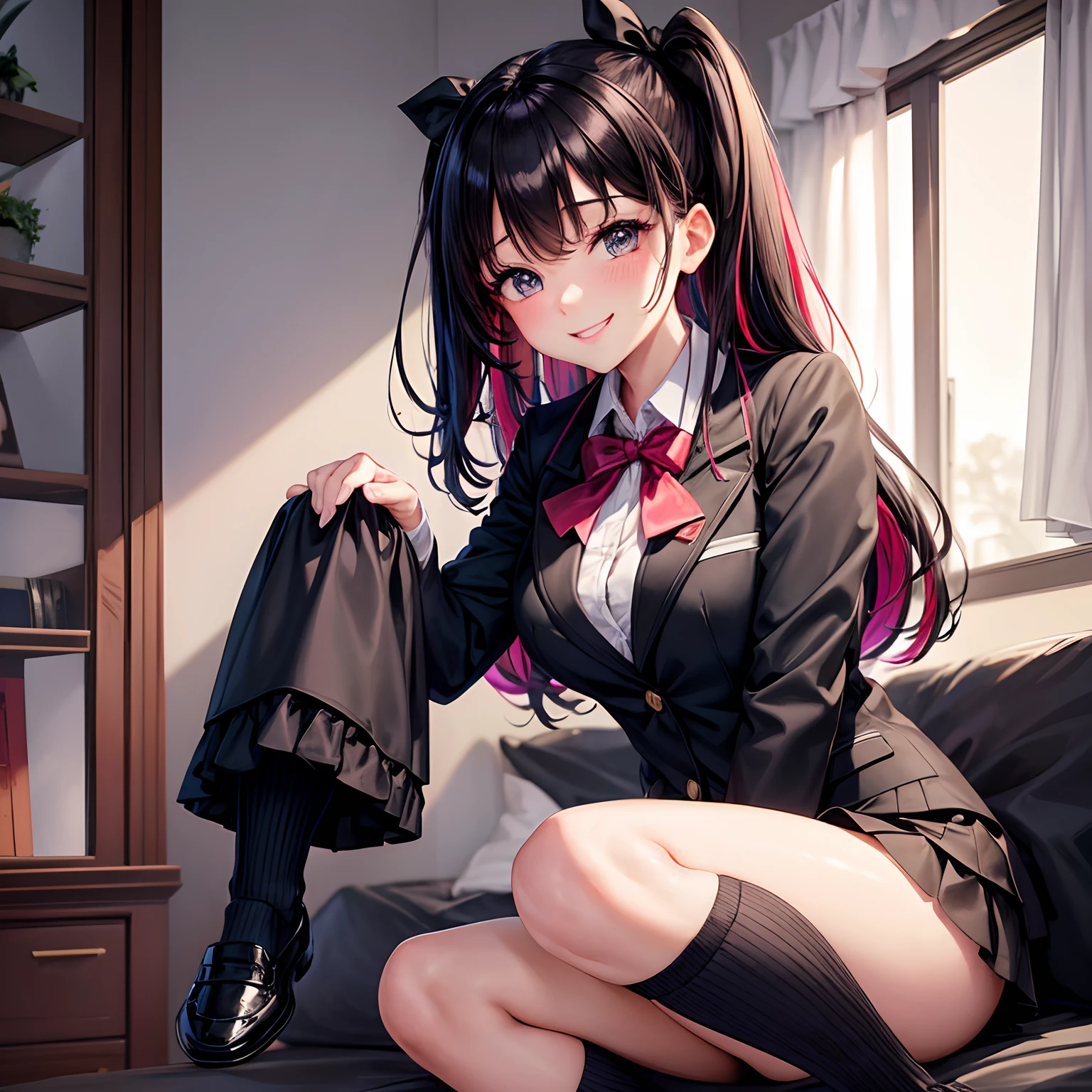 a beauty girl,Black blazer with ribbon,Cute Uniform,blazers,A smile,girl,top-quality,Colossal tits,masterpiece,Excellent style,Erotic Cute,超A high resolution,beautiful a girl,Lovely girl,Multicolored hair,Loose socks,HD image quality,Beautiful eyes,Perfect Beautiful Girl,a bed