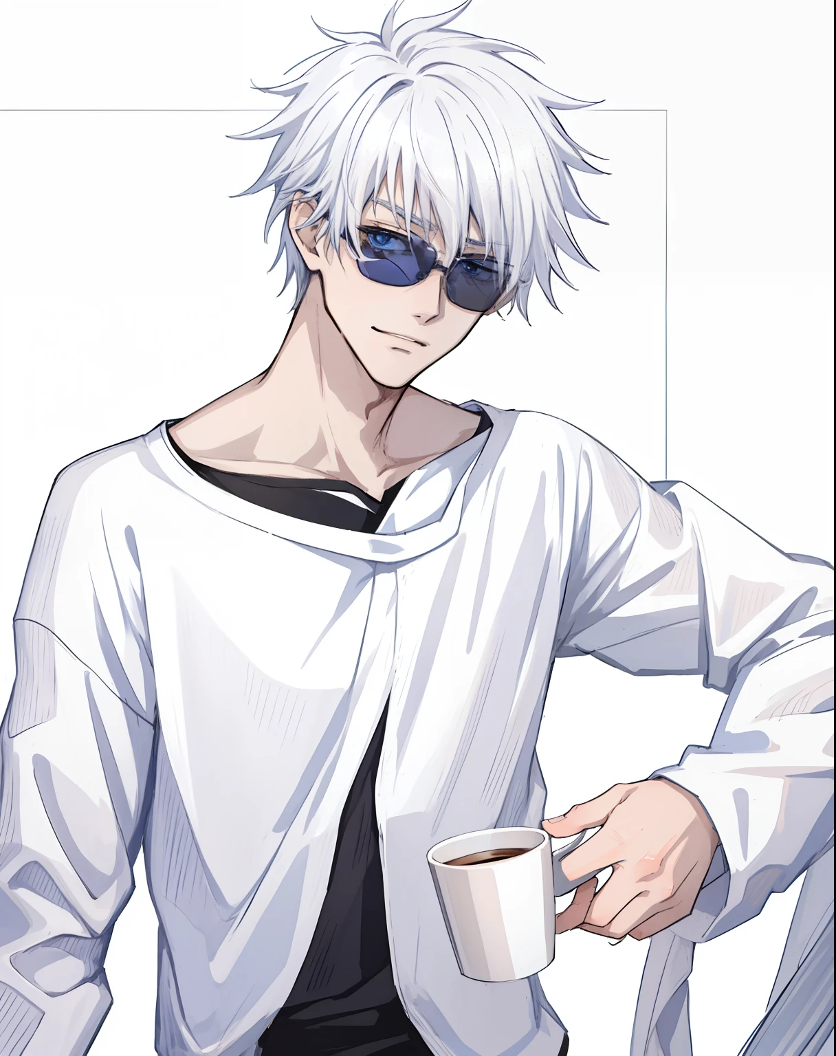 anime guy with white hair and sunglasses holding a cup of coffee, kaworu nagisa, tall anime guy with blue eyes, as an anime character, male anime character, gojo Satoru, white haired, white-haired, a silver haired mad, gojo aatoru portrait
