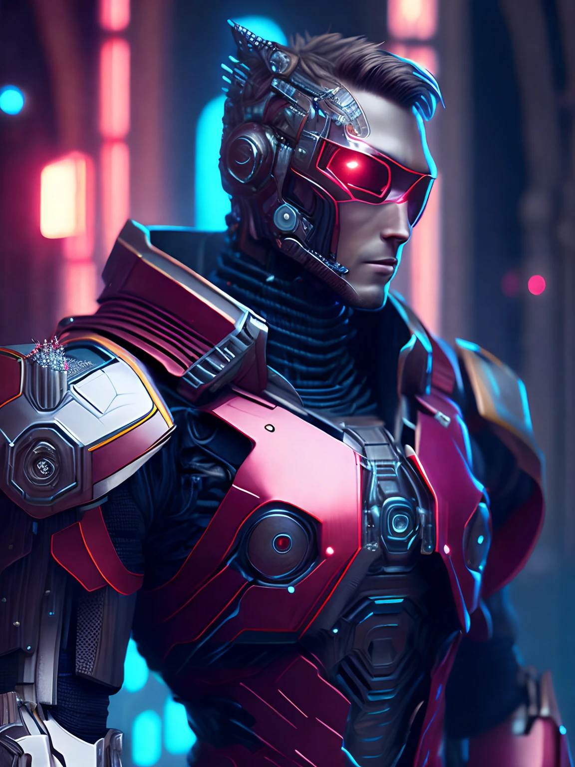 retrato, Star-Lord Jinete del Apocalipsis de Marvel, biomech, Robot complejo, Crecimiento total, hyper-realistic, insane small details, Extremely clean lines, aesthetic cyberpunk, obra maestra presentada en Zbrush Central, gothic brutalist cathedral, cyberpunk, Foto premiada, Bokeh, Neon lights, cybernetic limb