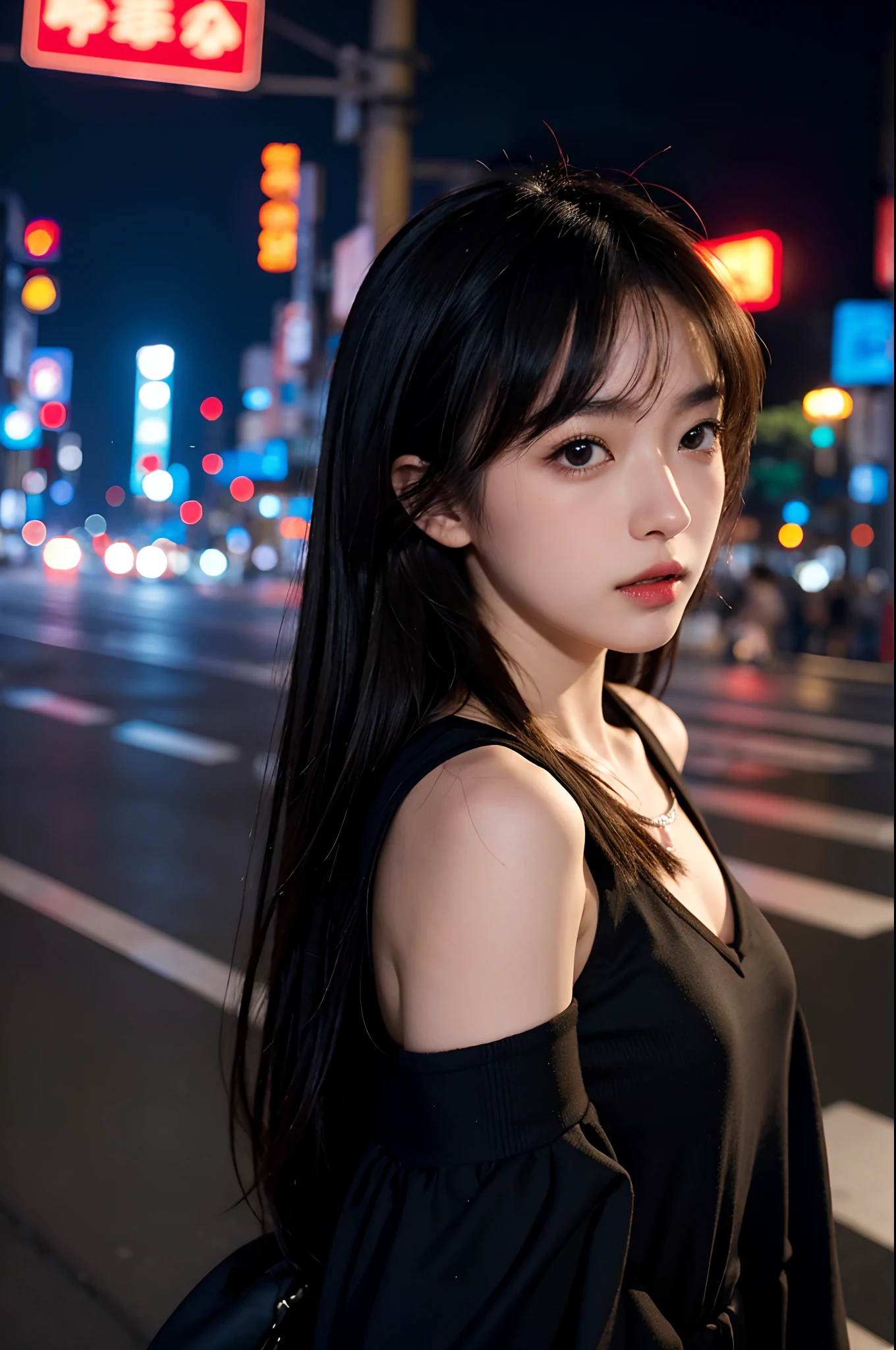 1girl, Tokyo street,night, cityscape,city lights, upper body,close-up, 8k, RAW photo, best quality, masterpiece,realistic, photo-realistic,