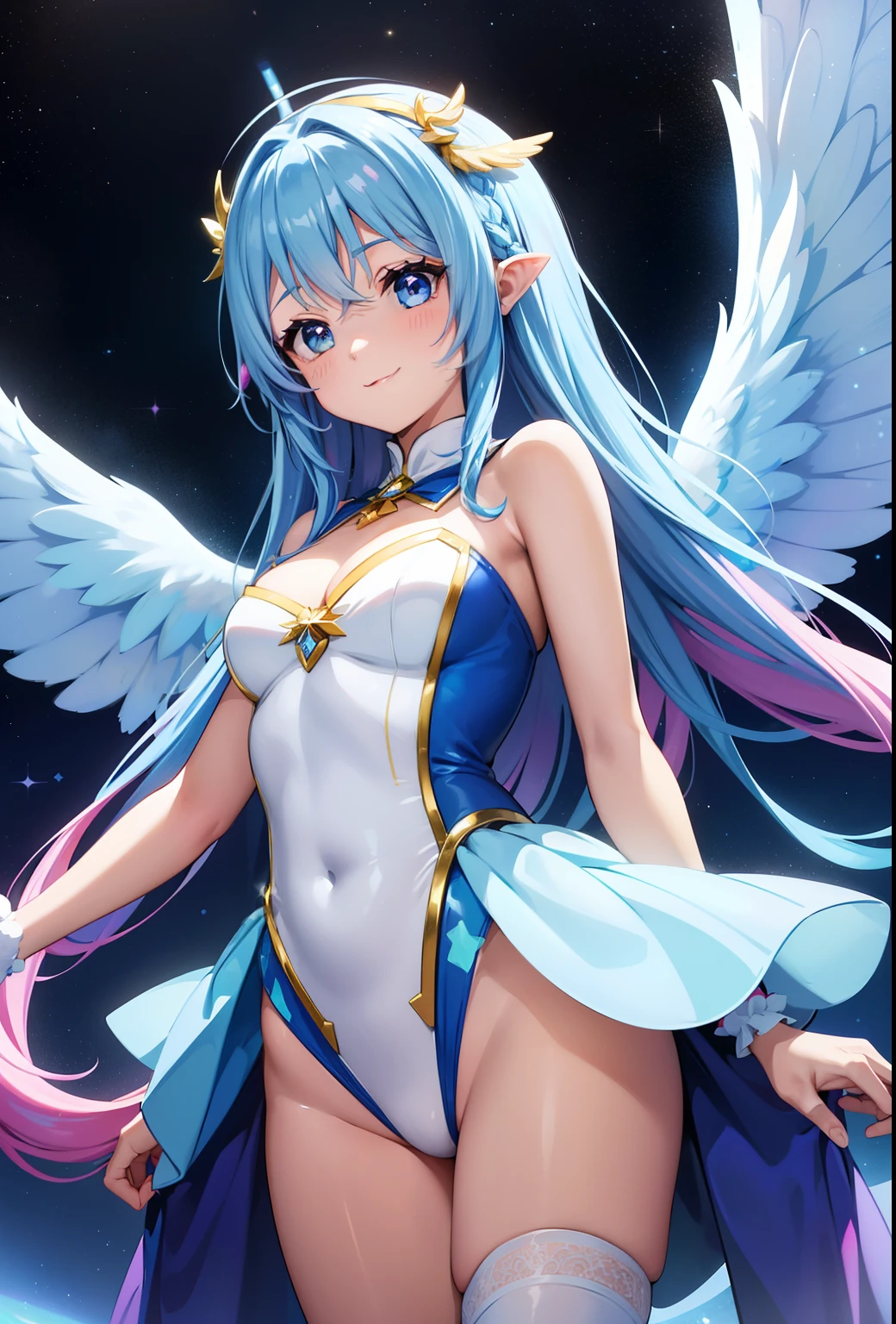 Super Idol　a beauty girl　A charming smile　sky blue hair　length hair　Twin-tailed　Glittery bright pink and white and blue and yellow leotards　facing front　Angel large wings on the back 7 colors　Mystical　Fantasia　constellation　a moon　Crystal Brilliance　Aurora Borealis in the Night Sky