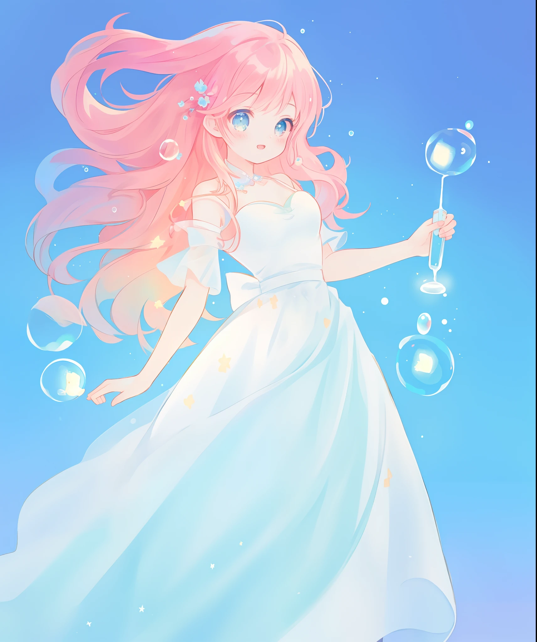 beautiful anime girl in colorful liquid dress, vibrant pastel colors, flowing long pink peach hair, beautiful white layered ballgown, (colorful), magical lights, sparkling lines of light, inspired by Glen Keane, inspired by Lois van Baarle, disney art style, by Lois van Baarle, glowing aura around her, by Glen Keane, jen bartel, glowing lights! digital painting, flowing glowing hair, glowing flowing hair, beautiful digital illustration, fantasia background, whimsical, magical, fantasy, beautiful face, ((masterpiece, best quality)), intricate details, highly detailed, sharp focus, 8k resolution, sparkling detailed eyes, liquid watercolor, (((bubbles)))