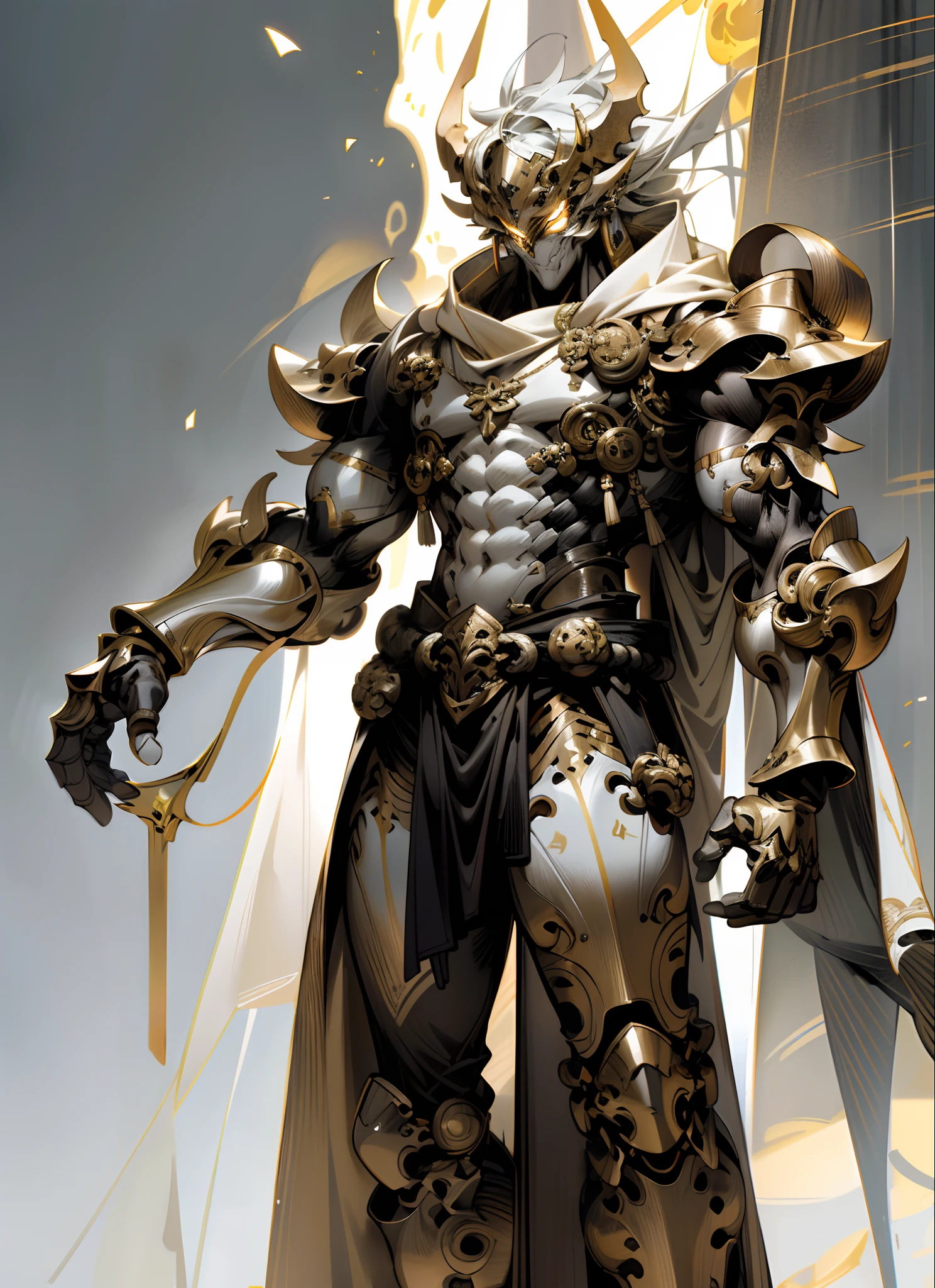 (Masterpiece), Best quality, Ultra-detailed CG unity 8k wallpaper, high resolution, Demon God, demon, light yellow Skin，Black armor, Head，Robust body,Handsome，loincloth，Tachi，Full body like，Human body structure design drawing