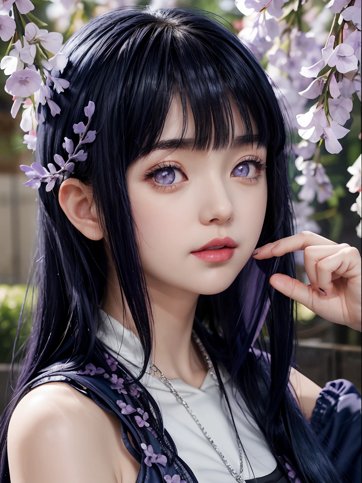 2D, masterpiece, Highest quality, anime, Very detailed, One girl, alone, lily, Purple eyes, Purple Hair, Hair between the eyes, Hair Clip, , Yandere face