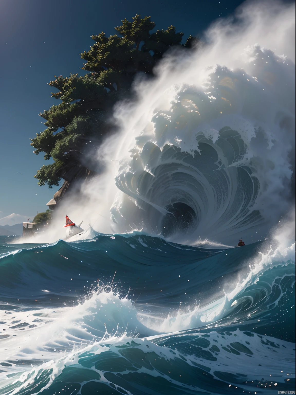 Big waves,(Illustration: 1.0), epic composition, Katsushika Hokusai-kaze, high definition detail, masutepiece, Best Quality, (extremely detailed CG unified 8k wallpaper), 15 kabuki actors