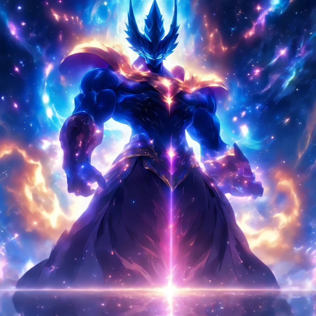 The god of the galaxy, resembling a muscular humanoid body from a video game, sits regally on a majestic chair. Their majestic cape elegantly billows behind them, exuding power and authority. The scene is set in the vast expanse of the galaxy, with twinkling stars and swirling nebulae in the background. The god emanates an otherworldly glow, illuminating their surroundings with a divine light.