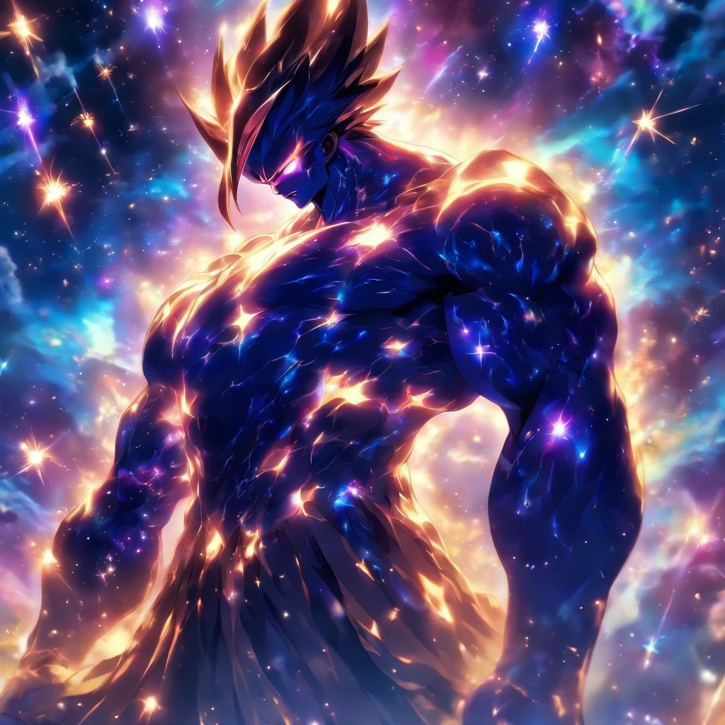 The god of the galaxy, resembling a muscular humanoid body from a video game, sits regally on a majestic chair. Their majestic cape elegantly billows behind them, exuding power and authority. The scene is set in the vast expanse of the galaxy, with twinkling stars and swirling nebulae in the background. The god emanates an otherworldly glow, illuminating their surroundings with a divine light.