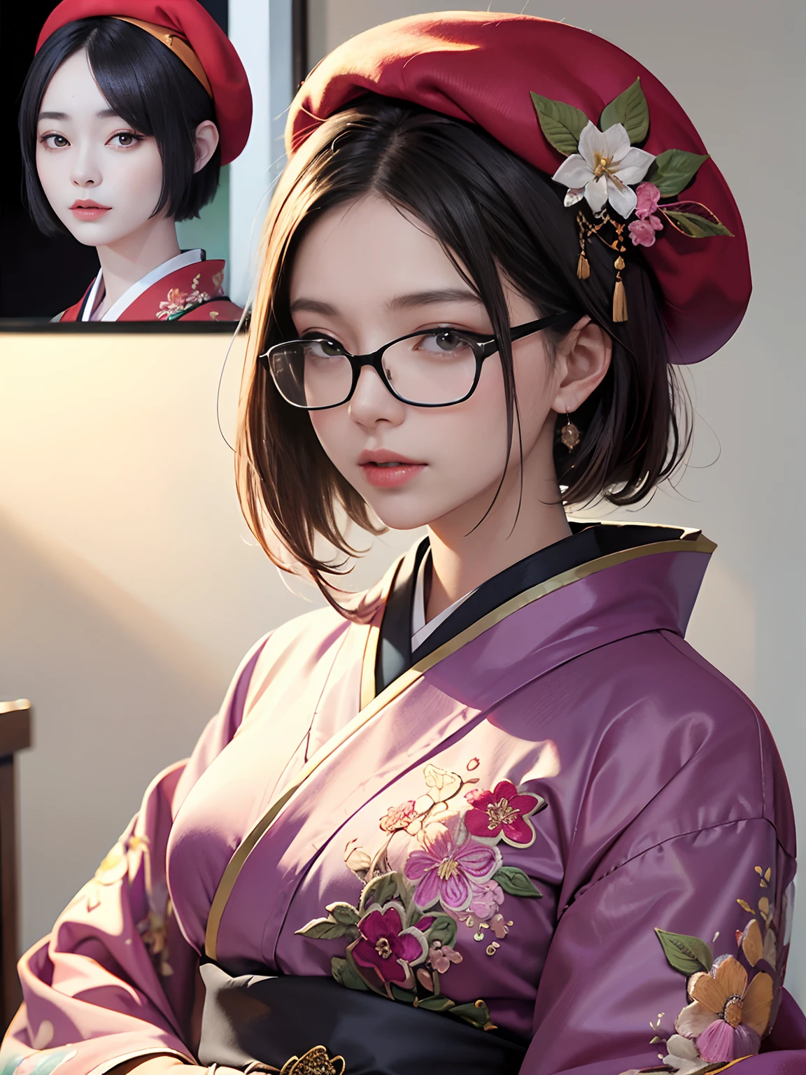 Background of details(A drawing is hanging on the wall),break ,elaborate costume(Luxury kimono(Colorful kimono(detailed embroidery))),BREAK,1 Beautiful and Classy Adult Woman(Japanese actressl:1.2)(glasses)(glossy dark hair(beret),(short hair)),Painting with a brush, Break,Wallpapers 16K,Blur the background,(masutepiece:1.5), (Best Quality:1.5),(Portrait photos:1.5),(full bodyesbian:1.5)