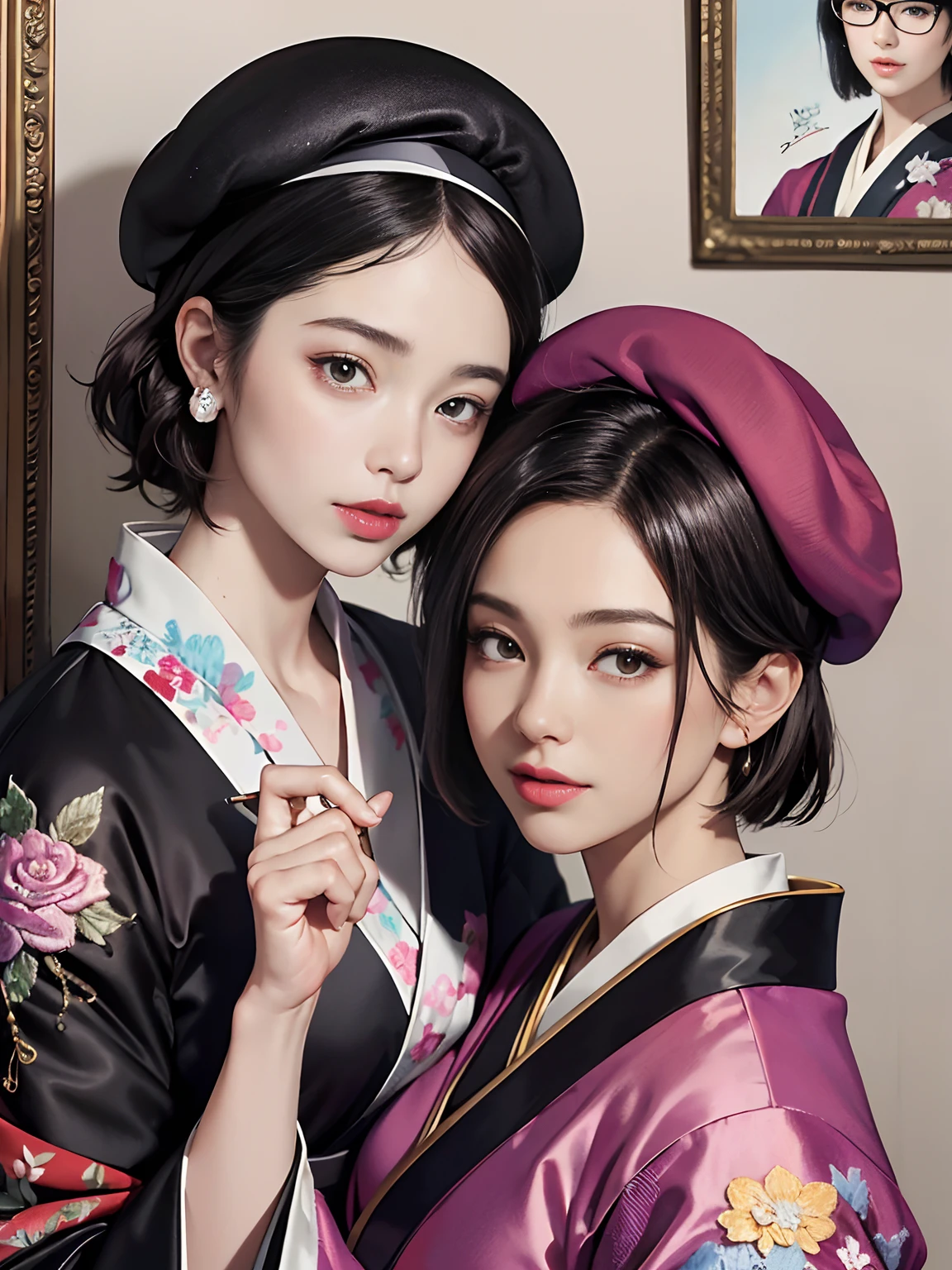 Background of details(A drawing is hanging on the wall),break ,elaborate costume(Luxury kimono(Colorful kimono(detailed embroidery))),BREAK,1 Beautiful and Classy Adult Woman(Japanese actressl:1.2)(glasses)(glossy dark hair(beret),(short hair)),Painting with a brush, Break,Wallpapers 16K,Blur the background,(masutepiece:1.5), (Best Quality:1.5),(Portrait photos:1.5),(full bodyesbian:1.5)