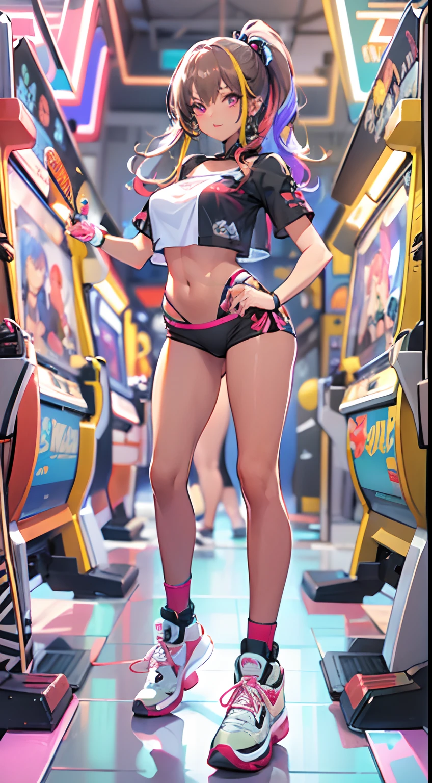 ((Masterpiece)), best quality, absurderes, ultra detailed, holographic, cowboy shot, dynamic pose, golden ratio, super cute girl, mature girl, idol girl, super beautiful asian girl with very beautiful violet glowing eyes, beautiful glowing brown multicolored hair, high ponytail, nice and sexy body, slim body, perfect body, wearing a super tight anime printed leotard, an anime printed super tight off shoulder short sleeve crop top, a super aesthetic transparent mini jacket, beautiful hair ornament, pink jordan tennis, being photographed in the dancing arcade games, semi transparent top, breasts showing through top, camel toe, nipples poking through top, nipples poking out, pokies,
