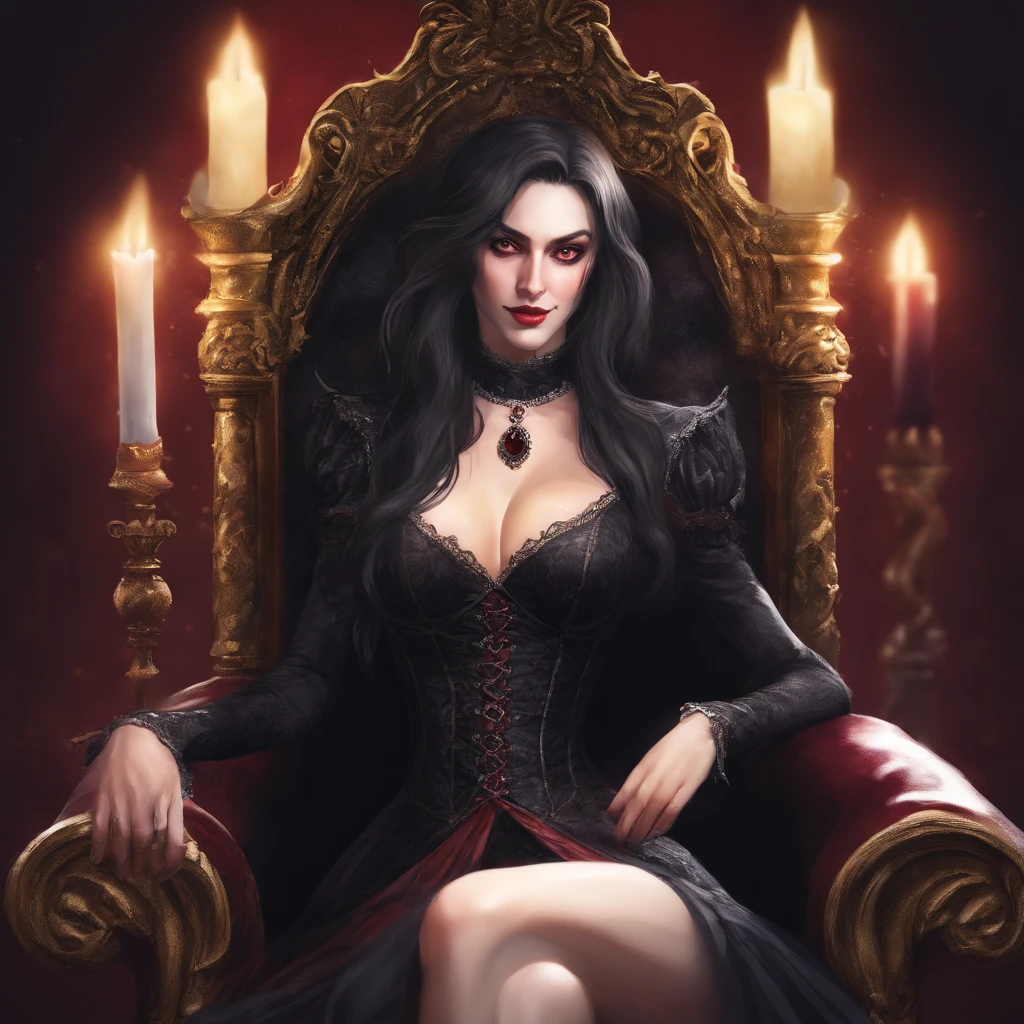 ((illustration of a female version of Strahd Von Zarovich in sexy gothic noble outfit sitting on a throne holding a glass wine goblet filled with blood)), royal noble outfit, ((vampire)), has teeth fangs, long black hair, portrait, 8k resolution, masterpiece, high quality, ultra detailed eyes, 1girl, female focus, voluptuous figure, ((sad demeanor)), vampiric features, showing, vampire fangs, pale skin, elf ears, castle interior background, gothic theme, dungeons and dragons fantasy aesthetics, use Curse of Strahd visuals, sassy demeanor