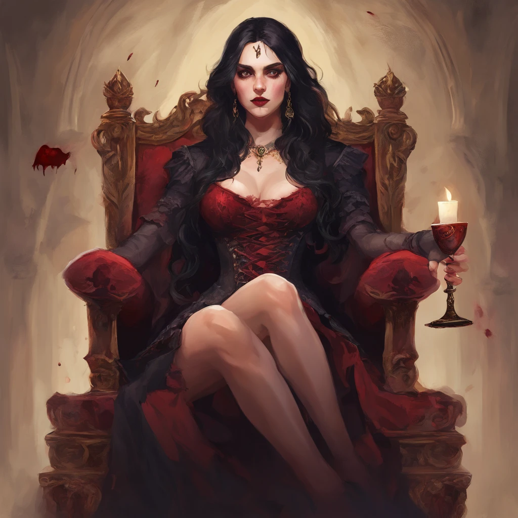((illustration of a female version of Strahd Von Zarovich in sexy gothic noble outfit sitting on a throne holding a glass wine goblet filled with blood)), royal noble outfit, ((vampire)), has teeth fangs, long black hair, portrait, 8k resolution, masterpiece, high quality, ultra detailed eyes, 1girl, female focus, voluptuous figure, ((sad demeanor)), vampiric features, showing, vampire fangs, pale skin, elf ears, castle interior background, gothic theme, dungeons and dragons fantasy aesthetics, use Curse of Strahd visuals, sassy demeanor