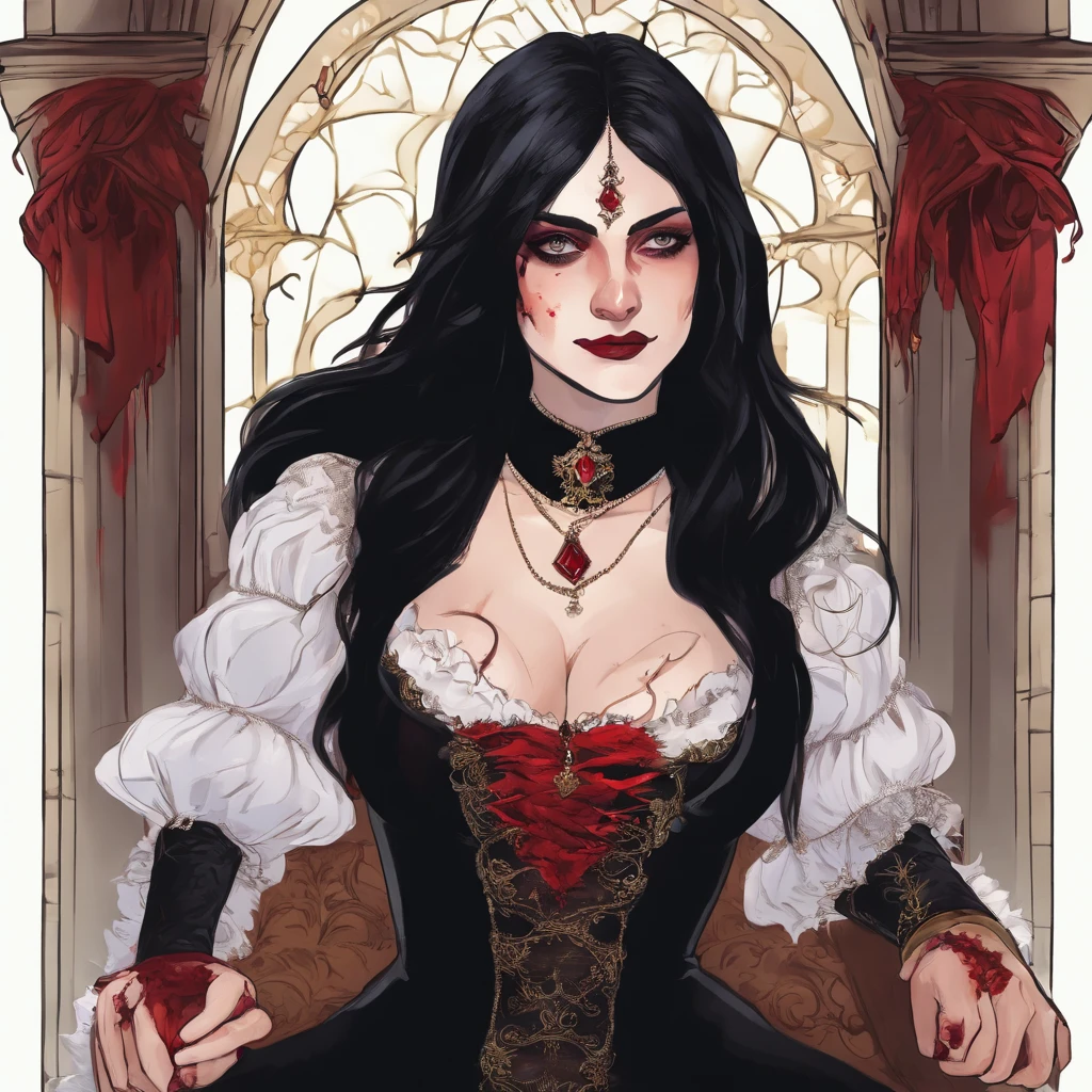 a t-shirt design, a vampire woman in a black dress and red flowers, gothic art, beautiful and scary gothic maiden, dark fantasy style art, vampire, gothic fantasy art, white background.no shadows. vector, t-shirt design.