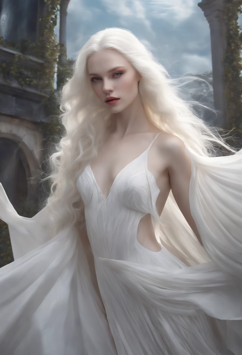 masterpiece, highest quality, (solo focus), (perfect face:1.1), (high detail:1.1),dramatic, (an alluring albino angel guy with long flowing pure white hair and piercing white eyes),1guy, (pale skin), long hair, white eyes, solo, long hair, moon, night, white luxury suit, covered navel, pouty lips, covered, futuristic city, detailed background, art by artgerm cinematic lighting, roses and vines, fashion, BalenciagaStyle