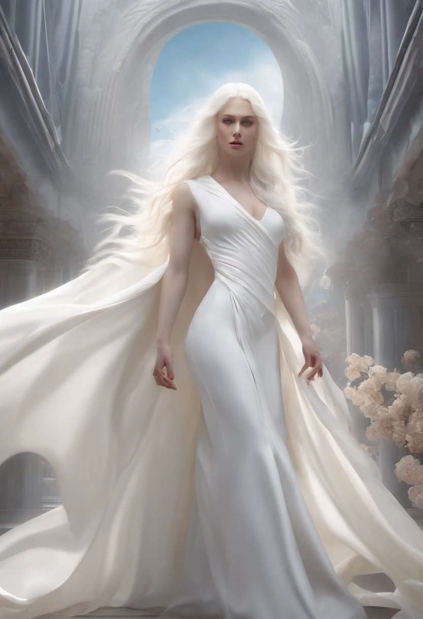 masterpiece, highest quality, (solo focus), (perfect face:1.1), (high detail:1.1),dramatic, (an alluring albino angel guy with long flowing pure white hair and piercing white eyes),1guy, (pale skin), long hair, white eyes, solo, long hair, moon, night, white luxury suit, covered navel, pouty lips, covered, futuristic city, detailed background, art by artgerm cinematic lighting, roses and vines, fashion, BalenciagaStyle
