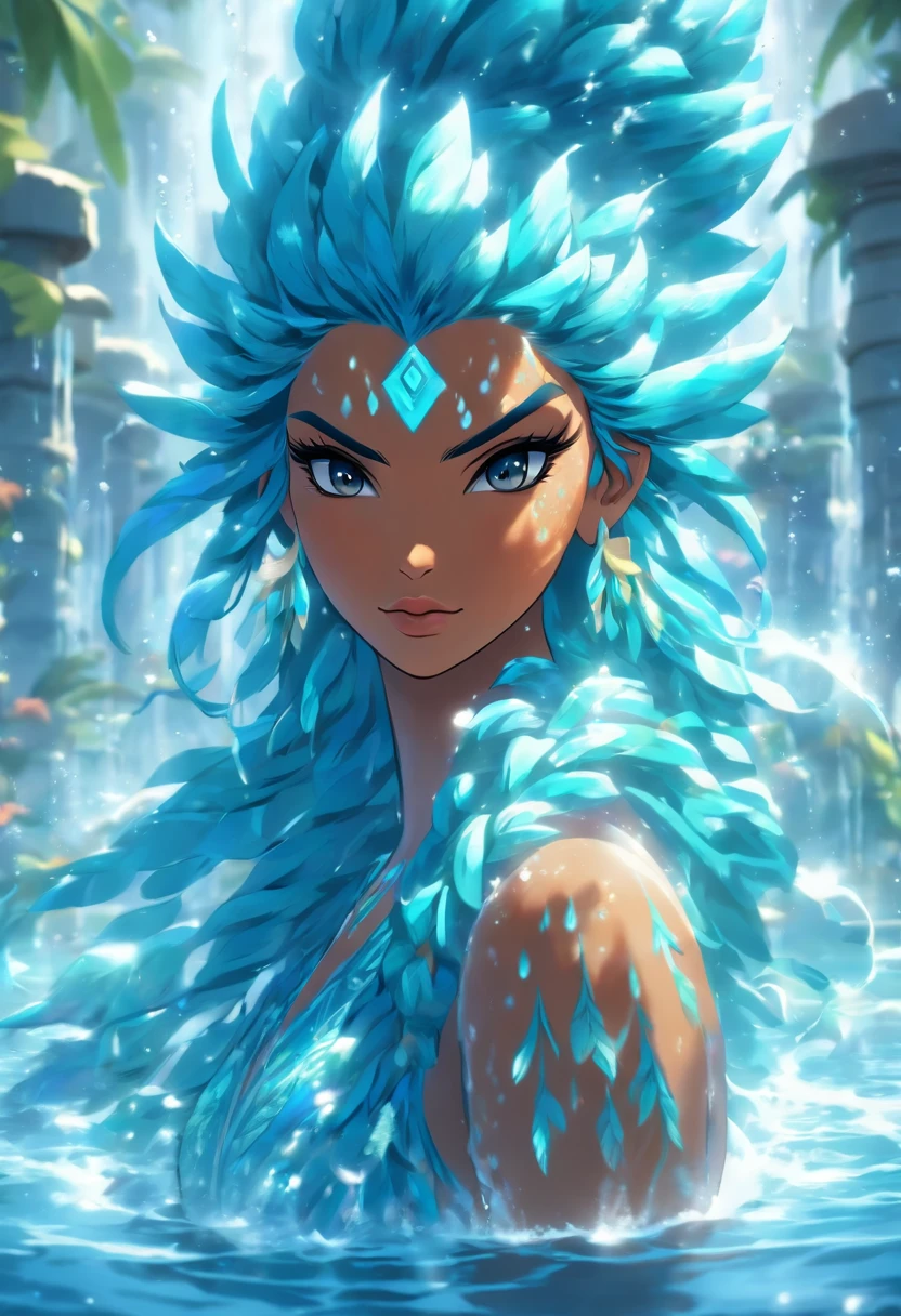 (((Water goddess))) best quality, very high resolution, 4K detailed CG, masterpiece, Aztec mythology, water goddess, Chalchiuhtlicue, blue feathers, Mexico, standing pose, Aztec clothing, Aztec city, ( (blue feathers)), aesthetic, beautiful image, centered on screen, standing pose