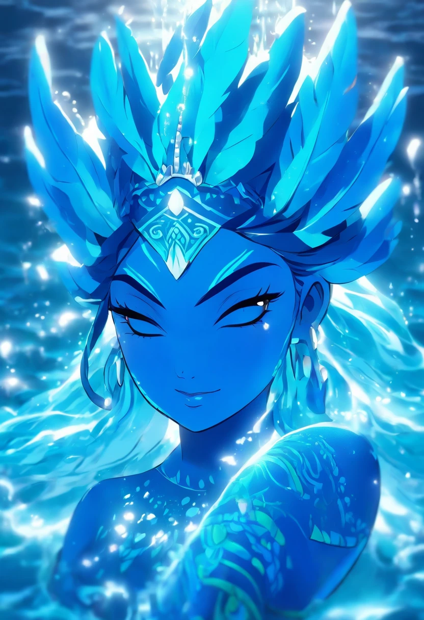 (((Water goddess))) best quality, very high resolution, 4K detailed CG, masterpiece, Aztec mythology, water goddess, Chalchiuhtlicue, blue feathers, Mexico, standing pose, Aztec clothing, Aztec city, ( (blue feathers)), aesthetic, beautiful image, centered on screen, standing pose