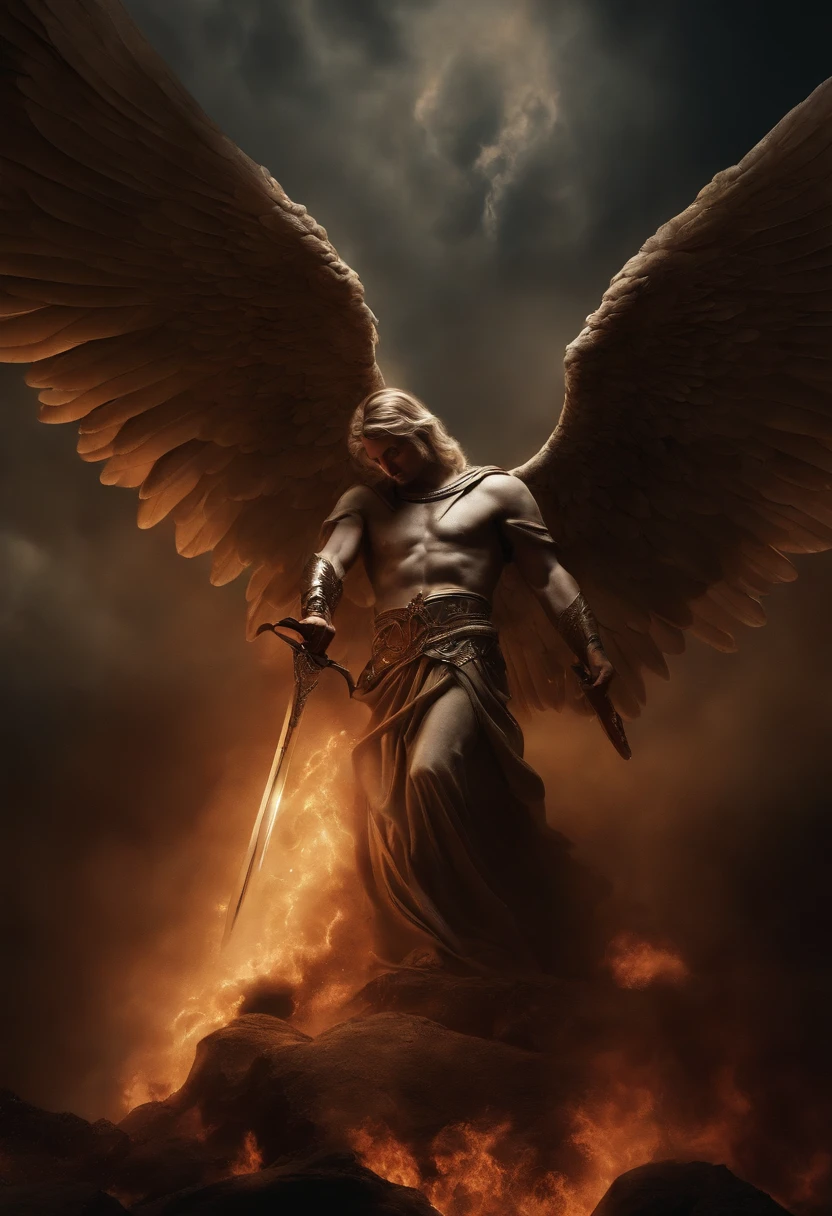 an image of an angel with a sword standing in hell, Anjo no inferno, arcanjo, anjos vs soldados, angel watching demon, angels and demons, anjo protegendo o homem, Arcanjo Miguel, O Anjo da Morte, Battle between angels and demons, anjo super largo, epic angel wings, angels protecting a praying man, necessidade humana anjo da morte. ((imagem epica)), ((alta qualidade))