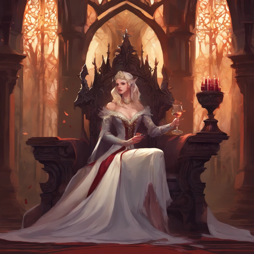 ((illustration of a female version of Strahd Von Zarovich in sexy gothic noble outfit sitting on a throne holding a glass wine goblet filled with blood)), royal noble outfit, ((vampire)), has teeth fangs, long black hair, portrait, 8k resolution, masterpiece, high quality, ultra detailed eyes, 1girl, female focus, voluptuous figure, ((sad demeanor)), vampiric features, showing, vampire fangs, pale skin, elf ears, castle interior background, gothic theme, dungeons and dragons fantasy aesthetics, use Curse of Strahd visuals, sassy demeanor