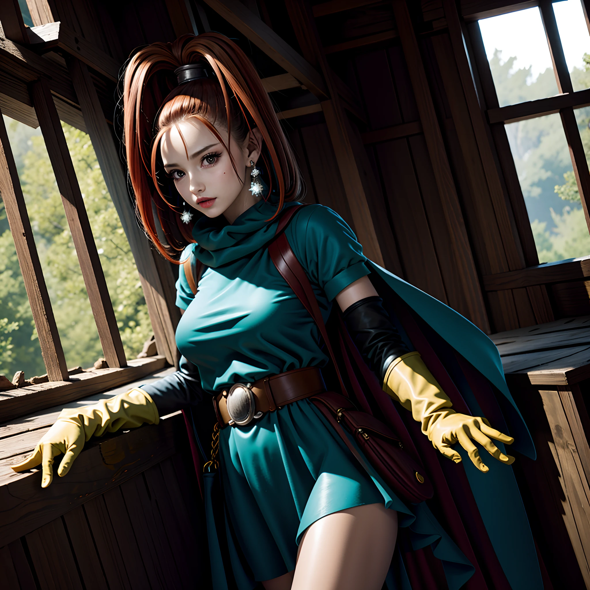 (masutepiece, Best Quality, 32 HDR, High resolution), (1womanl:1.5, Solo:1.5), (dq6 barbara, High Ponytail, Dress, Cape, yellow gloves,Belt bag, Jewelry, earrings), Highly detailed, (Fighting Pose:1.2, in the abandoned house:1.1, in a deep forest), hyperdetailed face, ultra detailed skin texture,