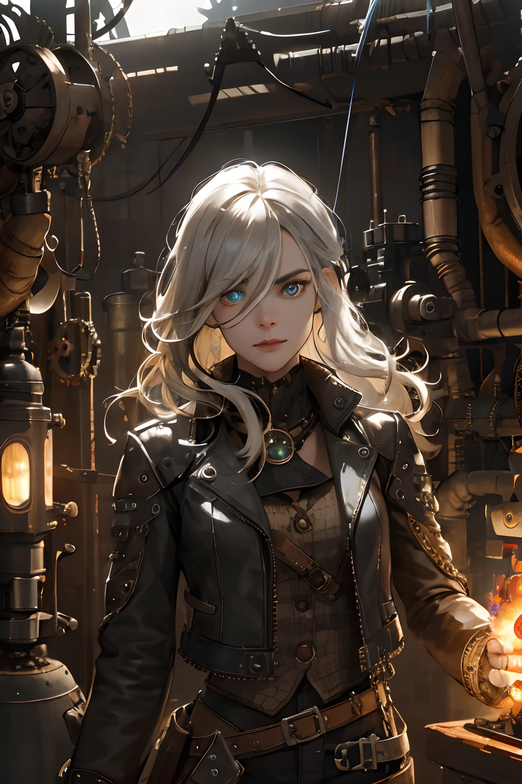 (absurdres, highres, ultra detailed), 1woman, mature female, aged up, wavy long hair, split-color hair, heterochromia, bangs, long sleeves, finely detailed eyes and detailed face, extremely detailed CG unity 8k wallpaper, intricate details, (style-rustmagic:0.8), (medieval cyborg:0.8), portrait, (bloody wounds:0.7), looking at viewer, solo, half shot, detailed background, (steampunk theme:1.1) determined expression, dark couds technomancer, floating lights, color leather vest with gears, techwear, jetpack, workshop in background, machines, gears, steam, industry, technology, furnace, grime, anvil, buttons, levers, automaton, electricity, electric sparks epic atmosphere,, portrait