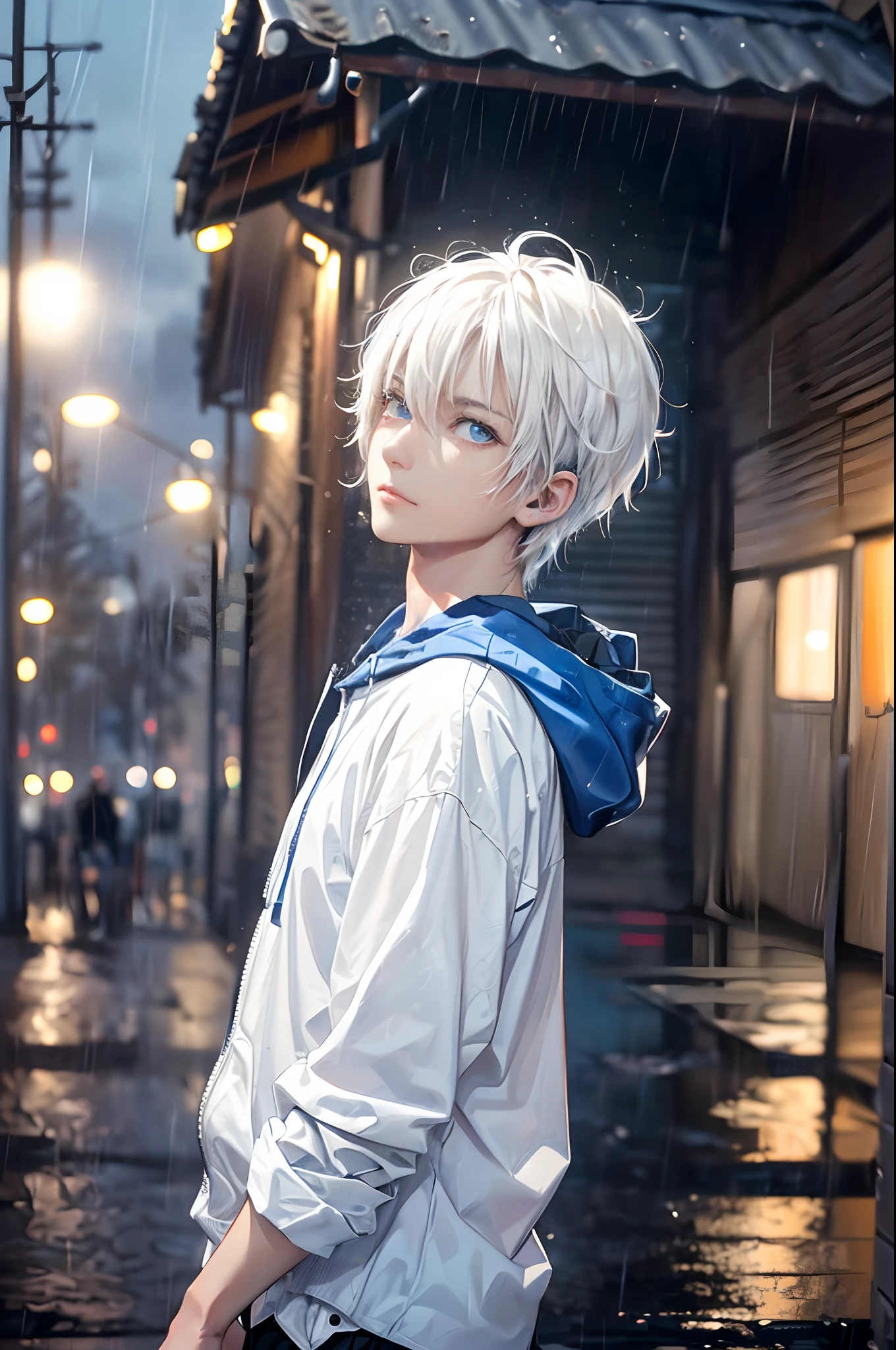 ((4K works))、masterpiece、(top-quality)、One beautiful boy、Slim body、tall、((Black Y-shirt and white pants、Charming street style))、Please wear one jacket、Wearing a hood to hide his face、(Detailed beautiful eyes)、Morning City、((Rainy city))、Fashionable city with morning rain、During the walk、((Bright, Cloudy sky))、((Face similar to Carly Rae Jepsen))、((Short-haired white hair))、((Smaller face))、((Neutral face))、((Bright blue eyes))、((American adult male))、((Adult male 26 years old))、((Cool Men))、((Like a celebrity))、((Glaring expression))、((Korean Makeup))、((elongated and sharp eyes))、((Happy dating))、((boyish))、((Upper body photography))、Professional Photos、((Model photo))、((Shot alone))、((He's under the roof))、((Looking up at the sky))、((photographed from the back))、((He is looking upwards))、((His eyes are looking upwards))、((Increase the angle of the face))、((He is walking in front of the viewer))