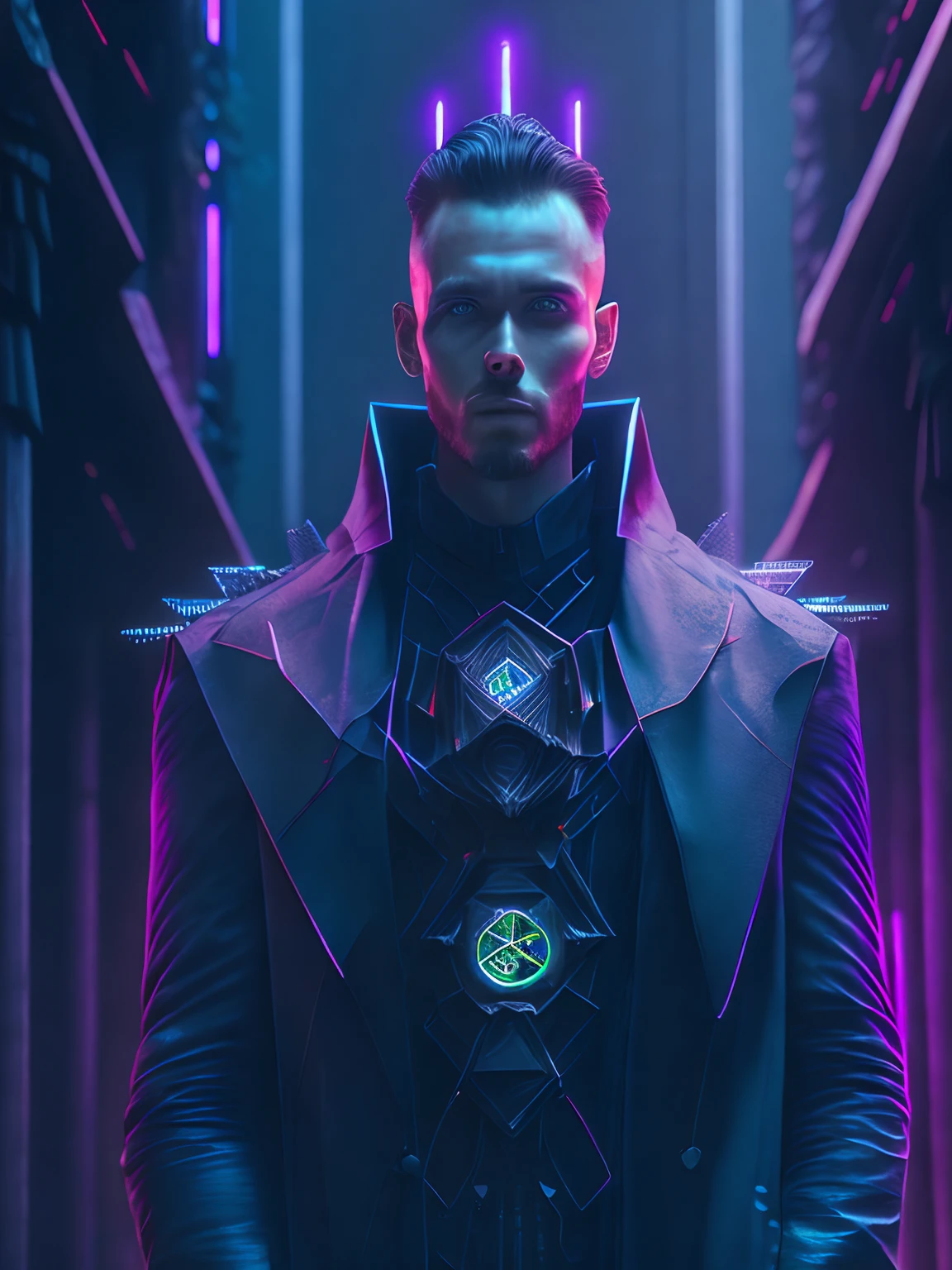 A somber portrait of a man with intricate angular cybernetic implants inside a brutalist building, gothic brutalist cathedral, cyberpunk, foto premiada, bokeh, neon lights, cybernetic limb